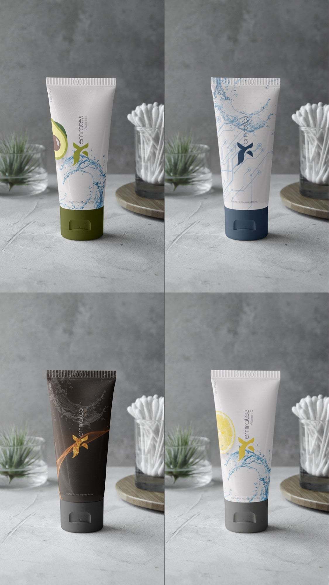 CXE ஃபேஸ்வாஷ் CreamXemirates Skin cleansing Facewash tubes with natural ingredients in minimalistic setting