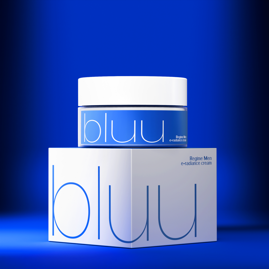 Bluu Regime men e-radiance cream tube packaging for radiant, even-toned skin care