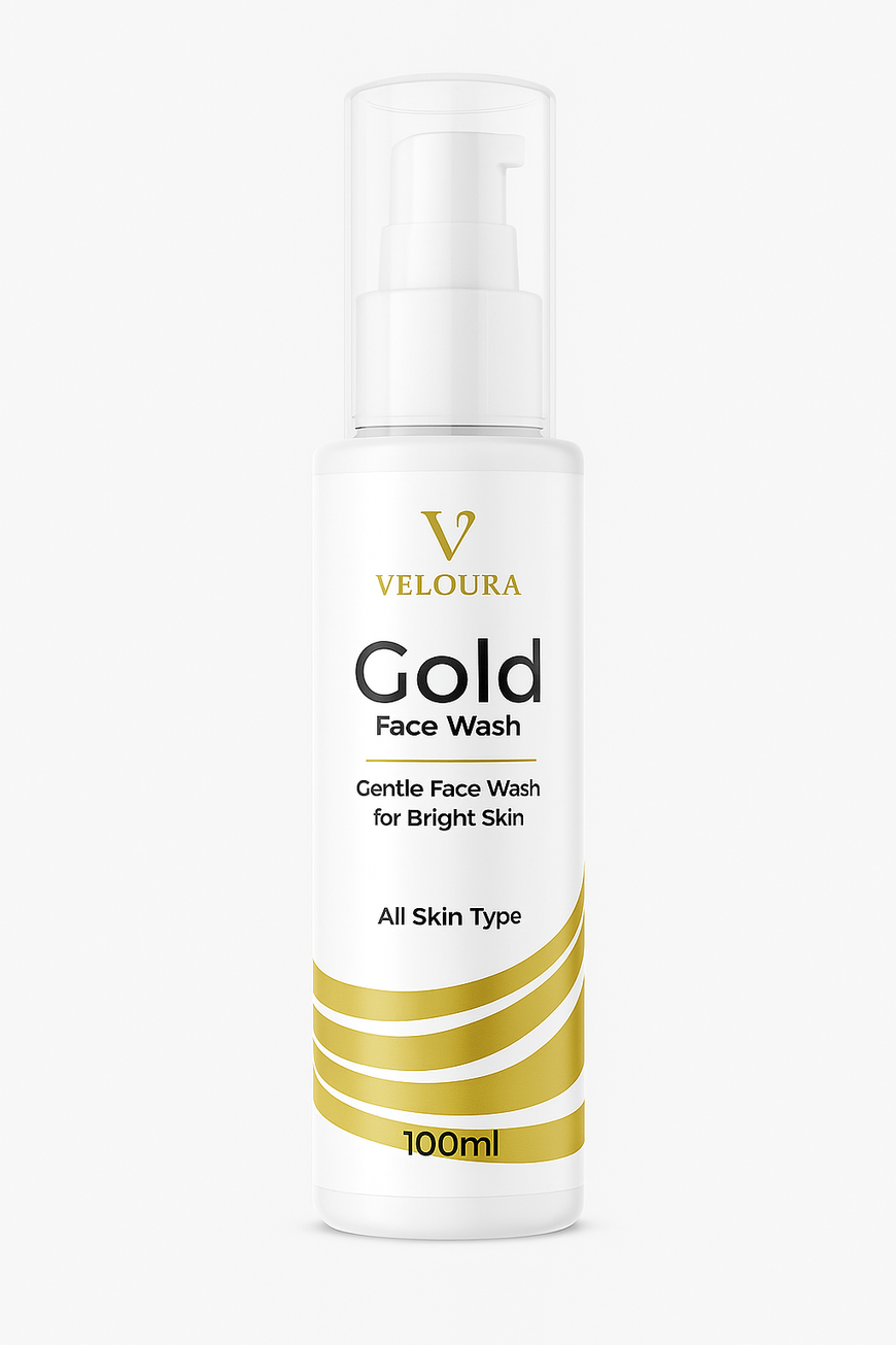 Veloura Gold Facewash bottle for gentle cleansing and bright skin, suitable for all skin types, 100ml