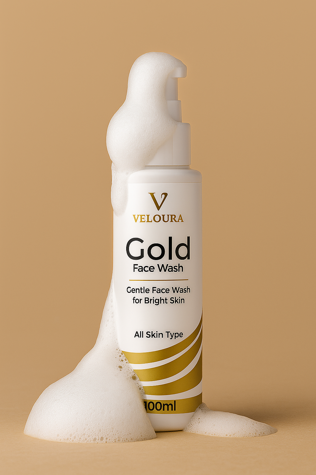 Veloura Gold Facewash bottle with foam for gentle cleansing and bright skin on all skin types