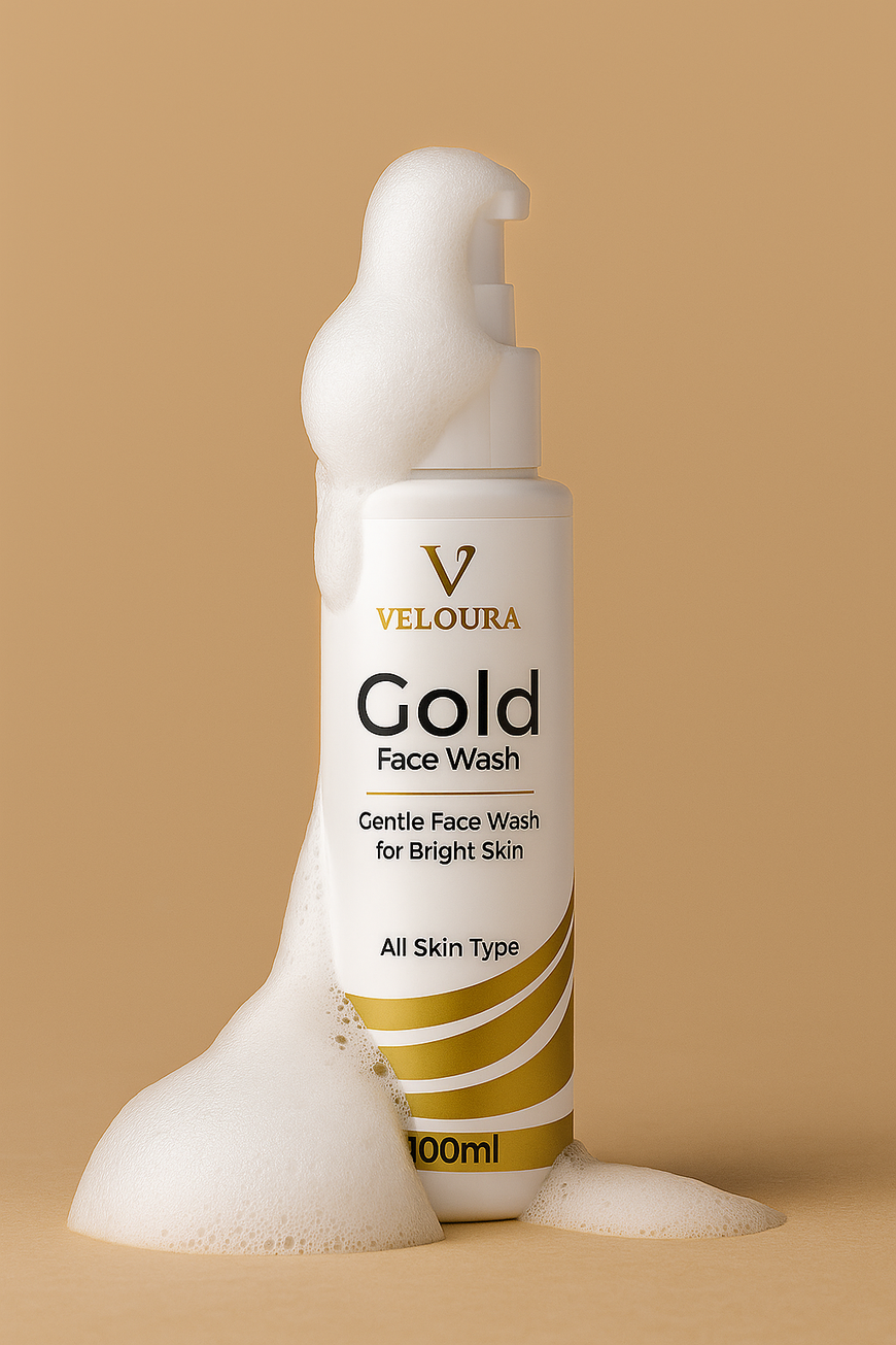 Veloura Gold Facewash bottle with foam for gentle cleansing and bright skin on all skin types