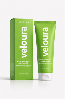 Veloura Aloe Vera Gel Sunscreen tube with aloe vera leaves for hydrating sun protection SPF 50