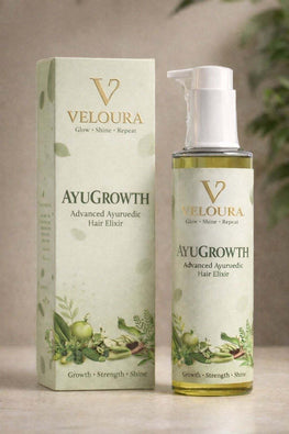Veloura Ayu Growth Hair Oil bottle with Ayurvedic ingredients for natural hair growth and scalp nourishment
