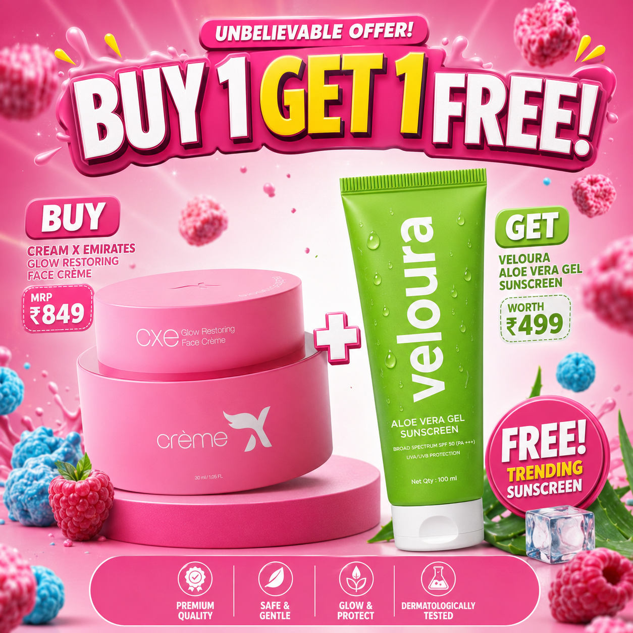 Cream X Emirates Glow Restoring Face Crème with free Veloura Aloe Vera Gel Sunscreen combo