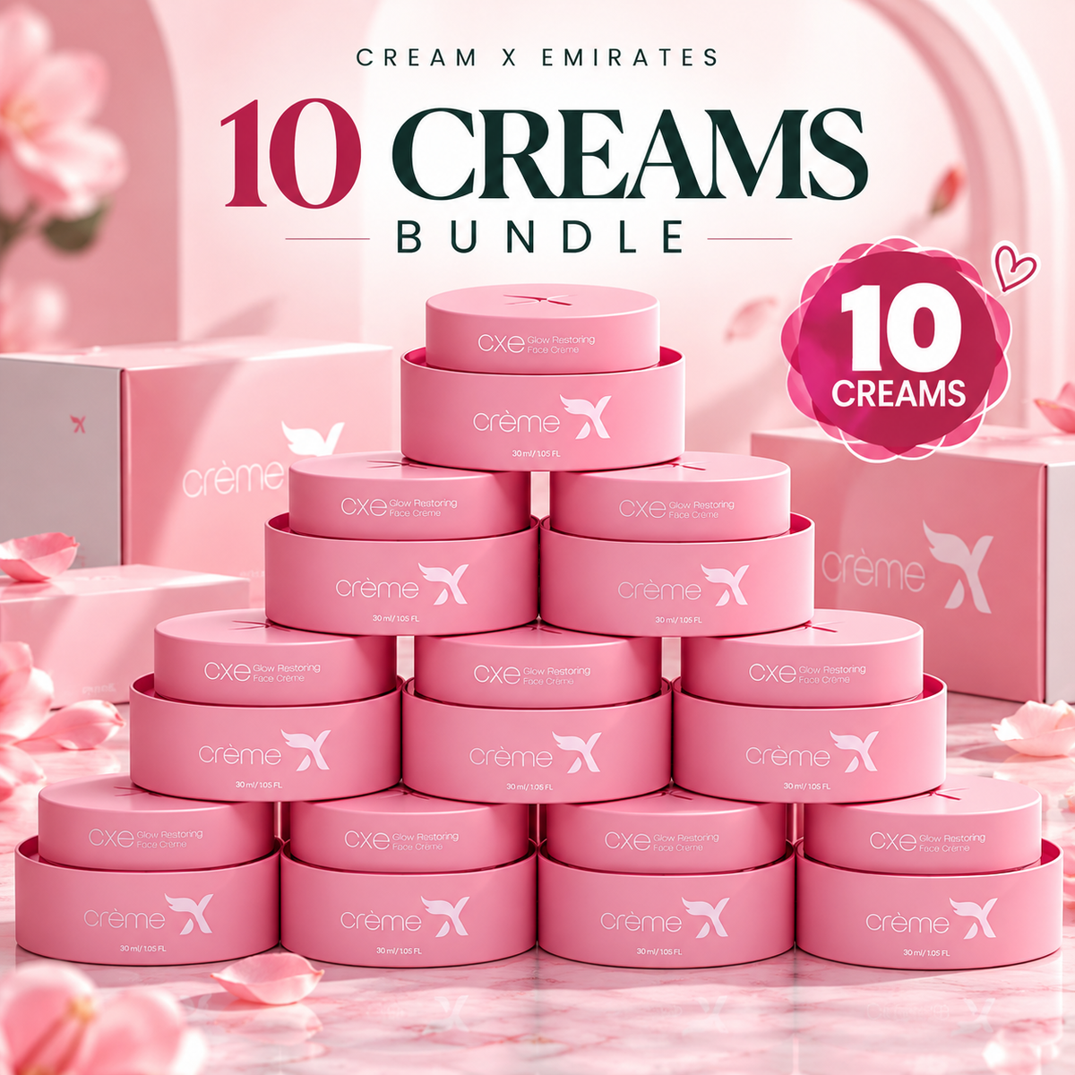 Cream X Emirates skincare cream in pink jars with white lettering, displayed as a bundle of ten containers