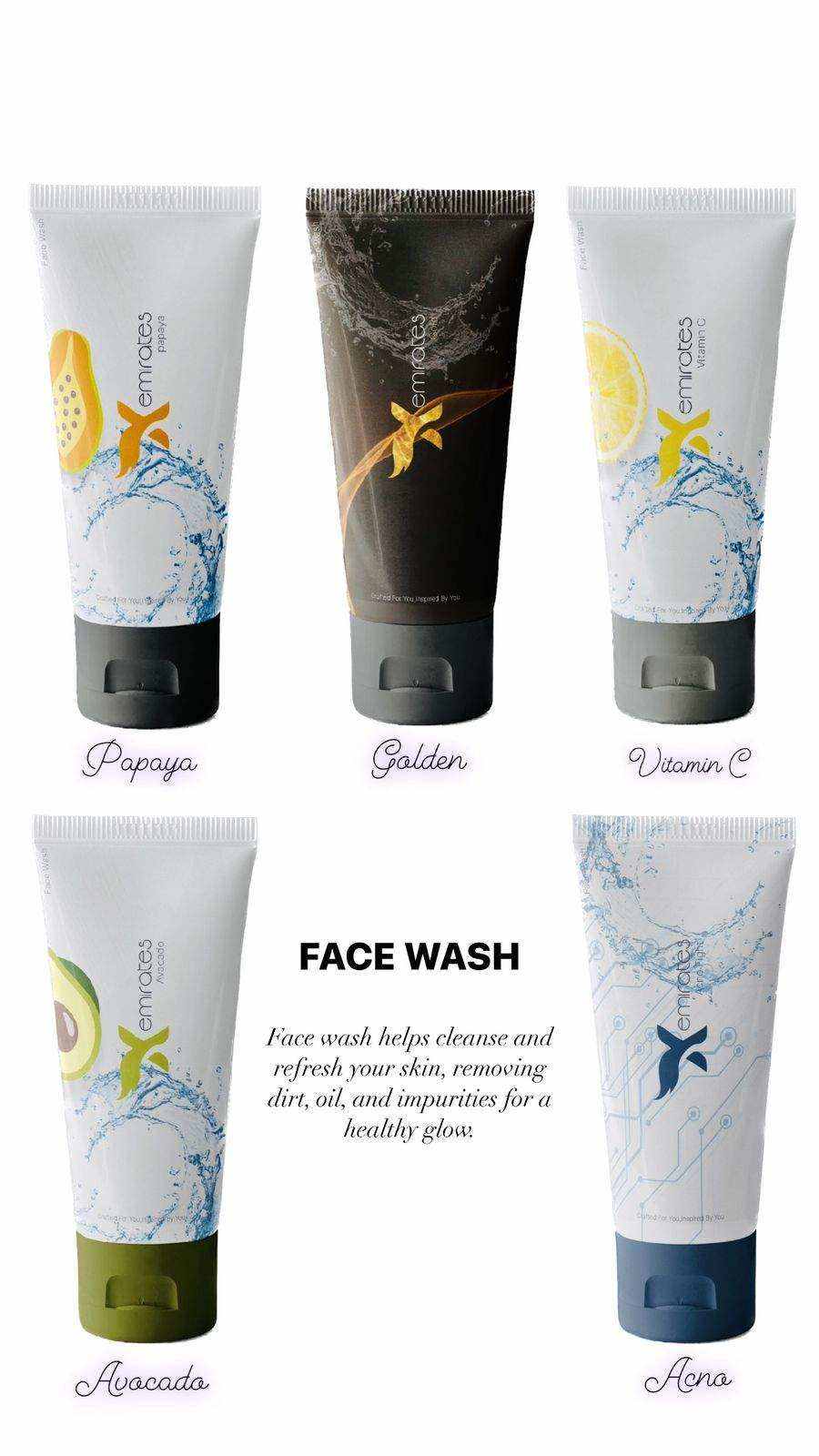CreamXemirates Deep Cleansing Facewash tubes in white and black packaging with colorful botanical designs and flip caps