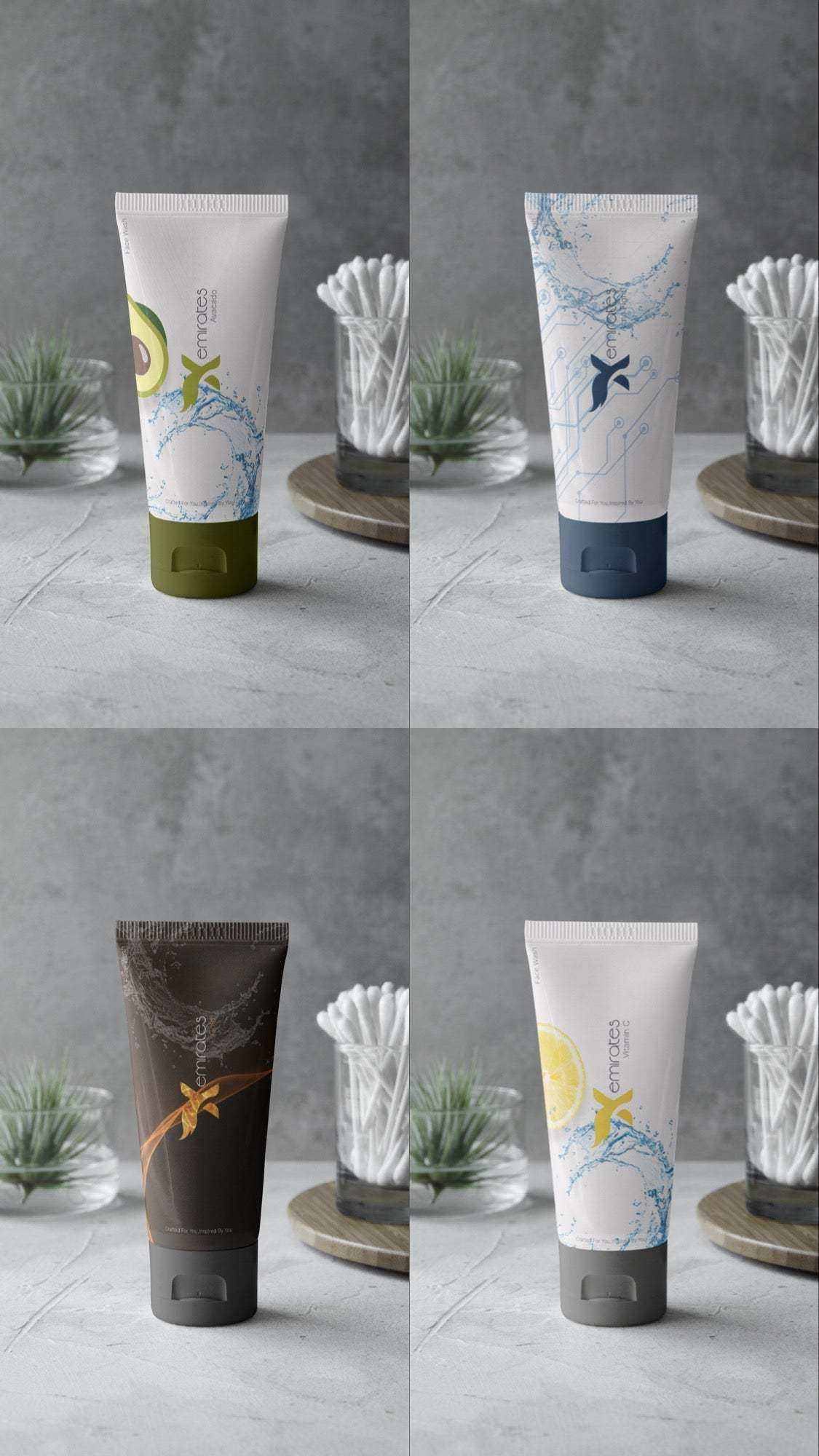 Facewash tubes of CreamXemirates Deep Cleansing Facewash in white and dark brown with botanical prints and colored caps