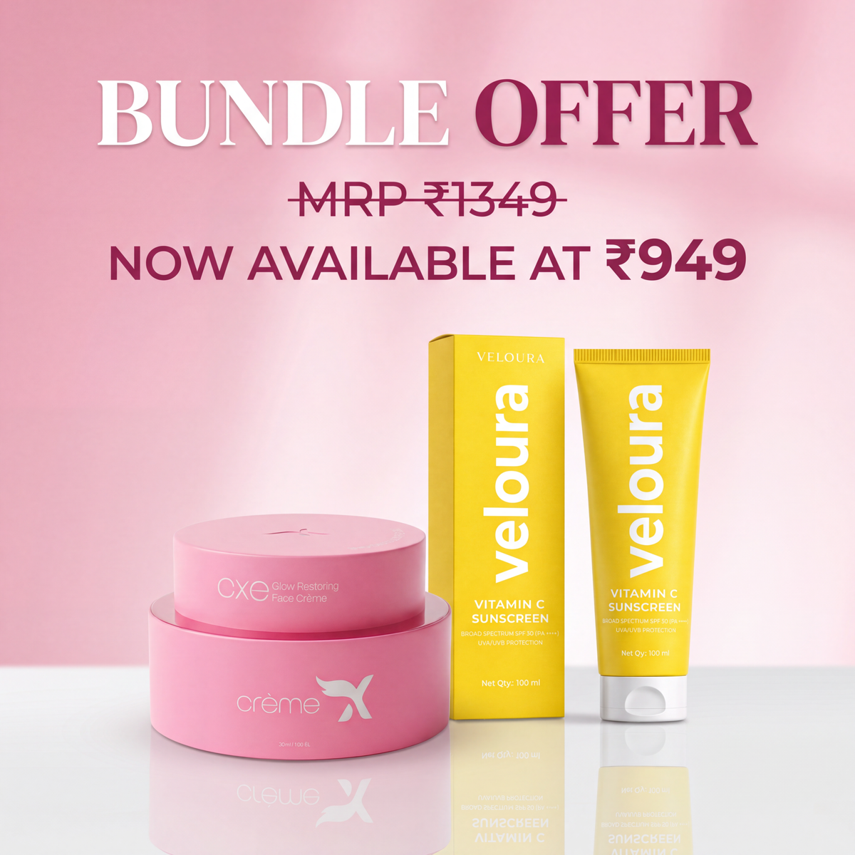 Face cream and vitamin C sunscreen bundle with a pink Creamxemirates jar and bright yellow Veloura tube and box