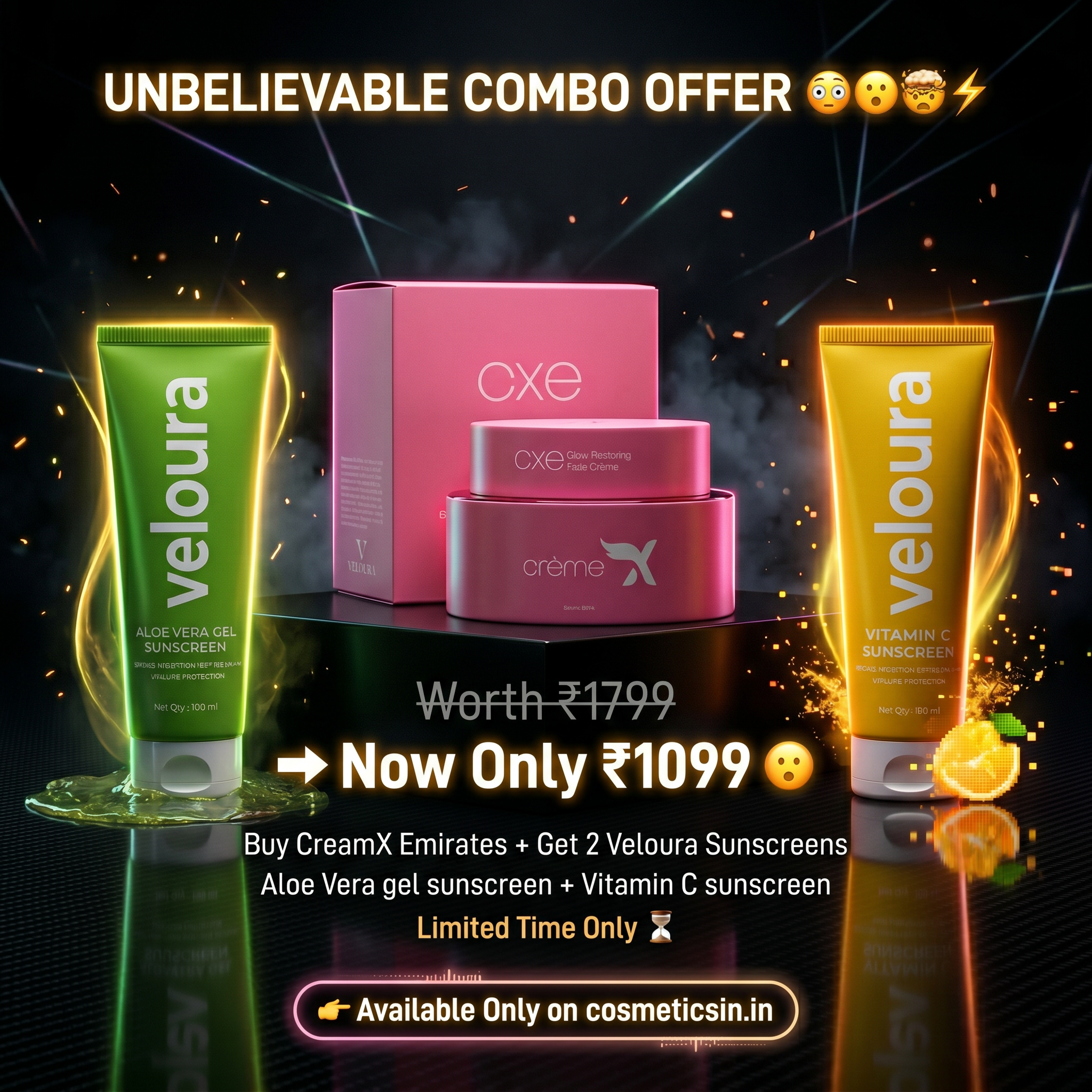 Creamxemirates skincare combo with Veloura aloe vera and vitamin C sunscreens