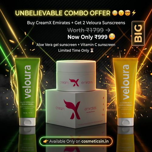 Creamxemirates skincare combo with brightening cream and two Veloura sunscreens for radiant, protected skin