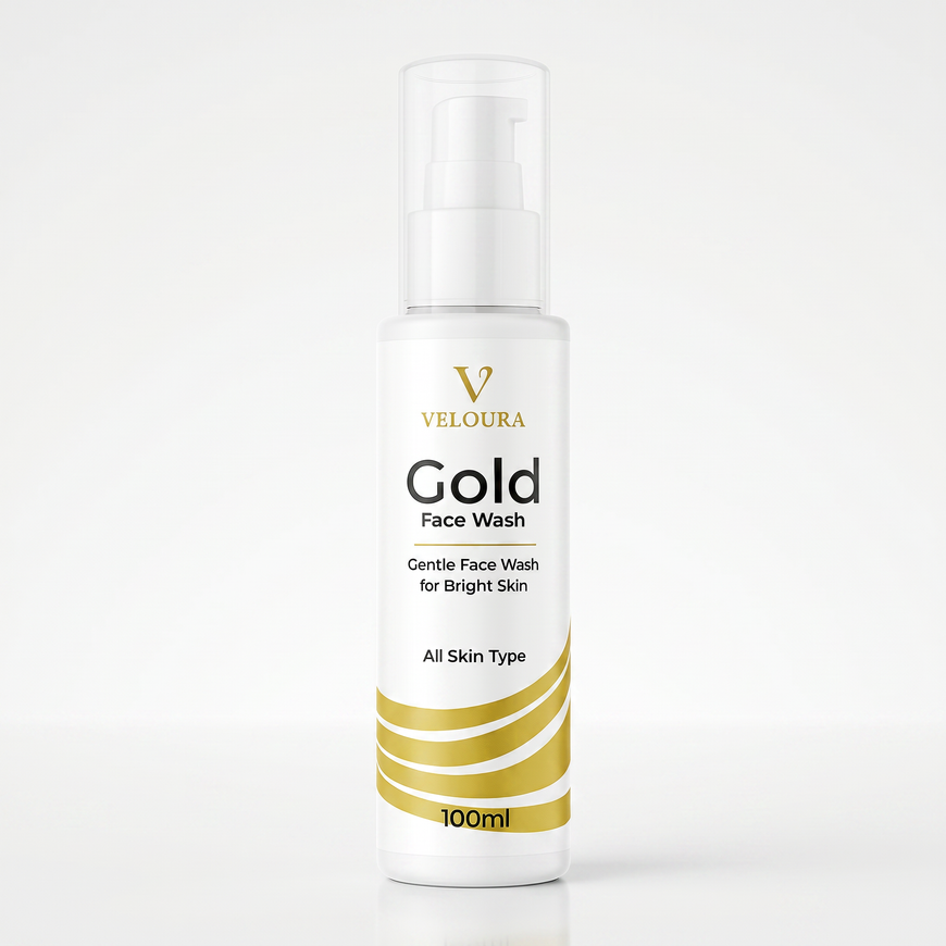 Veloura Gold Facewash tube with gold accents for deep cleansing and oil control