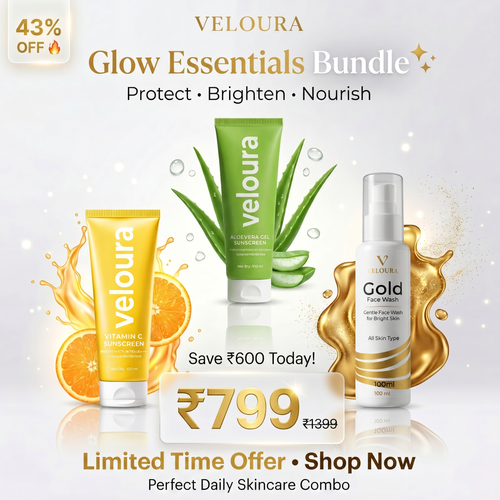 Veloura 3-in-1 Glow Essentials Pack with Aloe Vera Sunscreen, Vitamin C Sunscreen, and Gold Facewash for daily skincare and sun protection