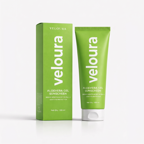 Veloura Aloe Vera Gel Sunscreen tube with SPF 50 and soothing aloe vera gel protection