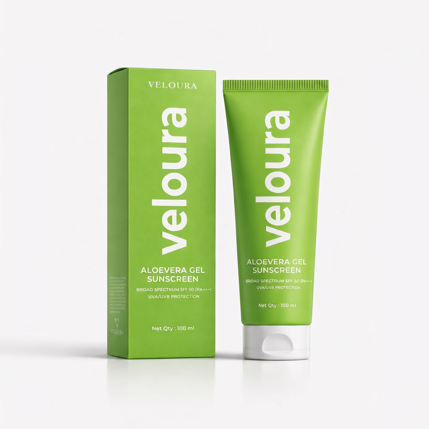 Veloura Aloe Vera Gel Sunscreen tube with SPF 50 and soothing aloe vera gel protection