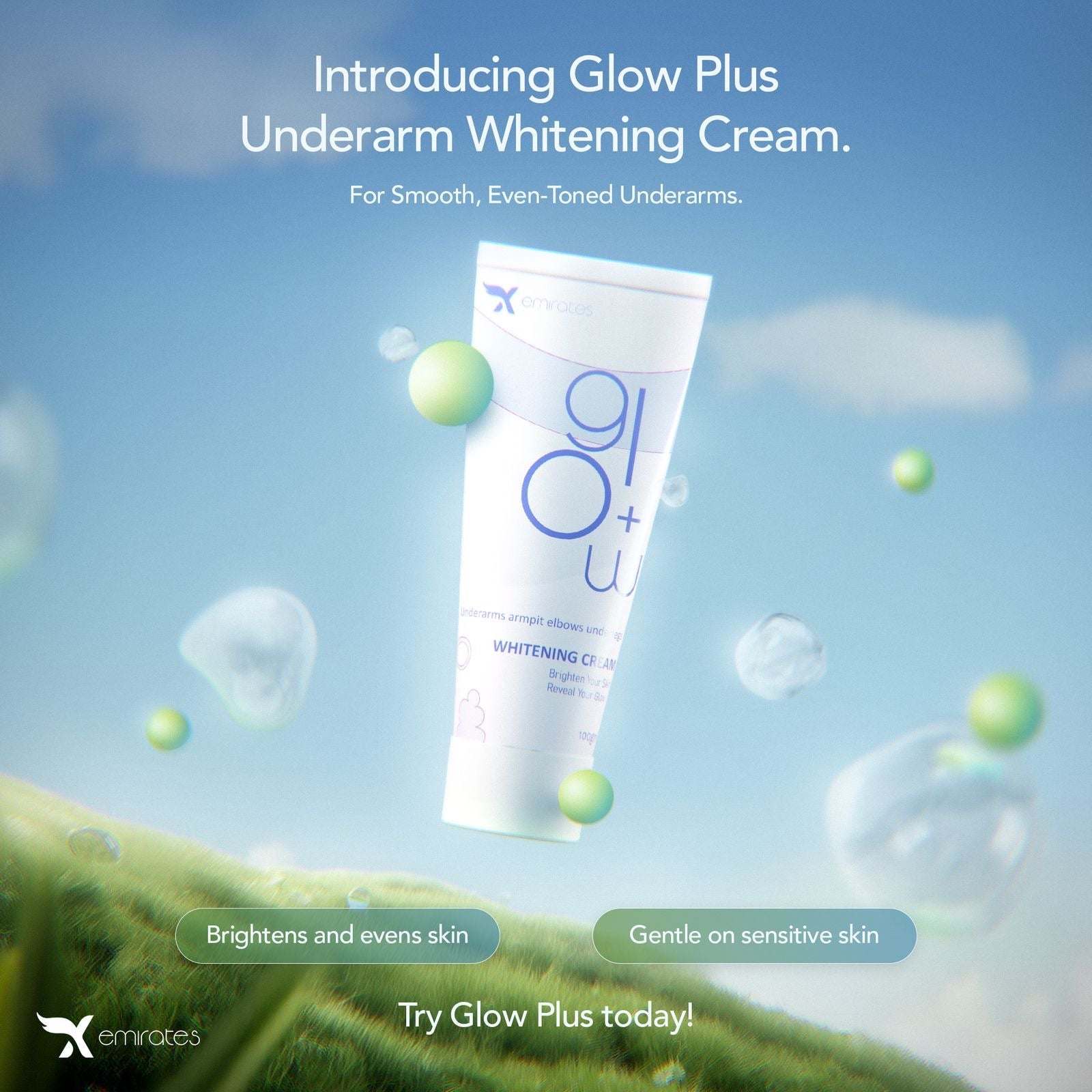 Glow+ underarm whitening cream tube for smooth, even-toned underarm skin by XEmirates