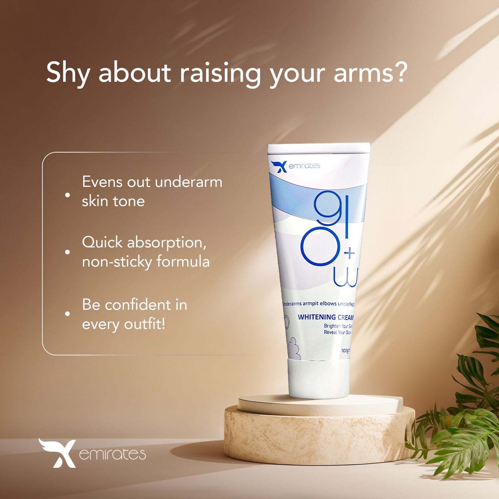 Glow+ underarm whitening cream by XEmirates for even skin tone and quick absorption