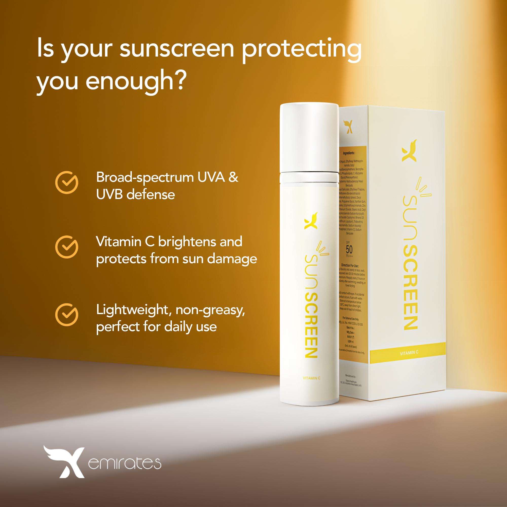 Xemirates Sunscreen + Moisturizer SPF 50 bottle and box with broad-spectrum UVA & UVB protection, vitamin C, lightweight non-greasy formula on orange background