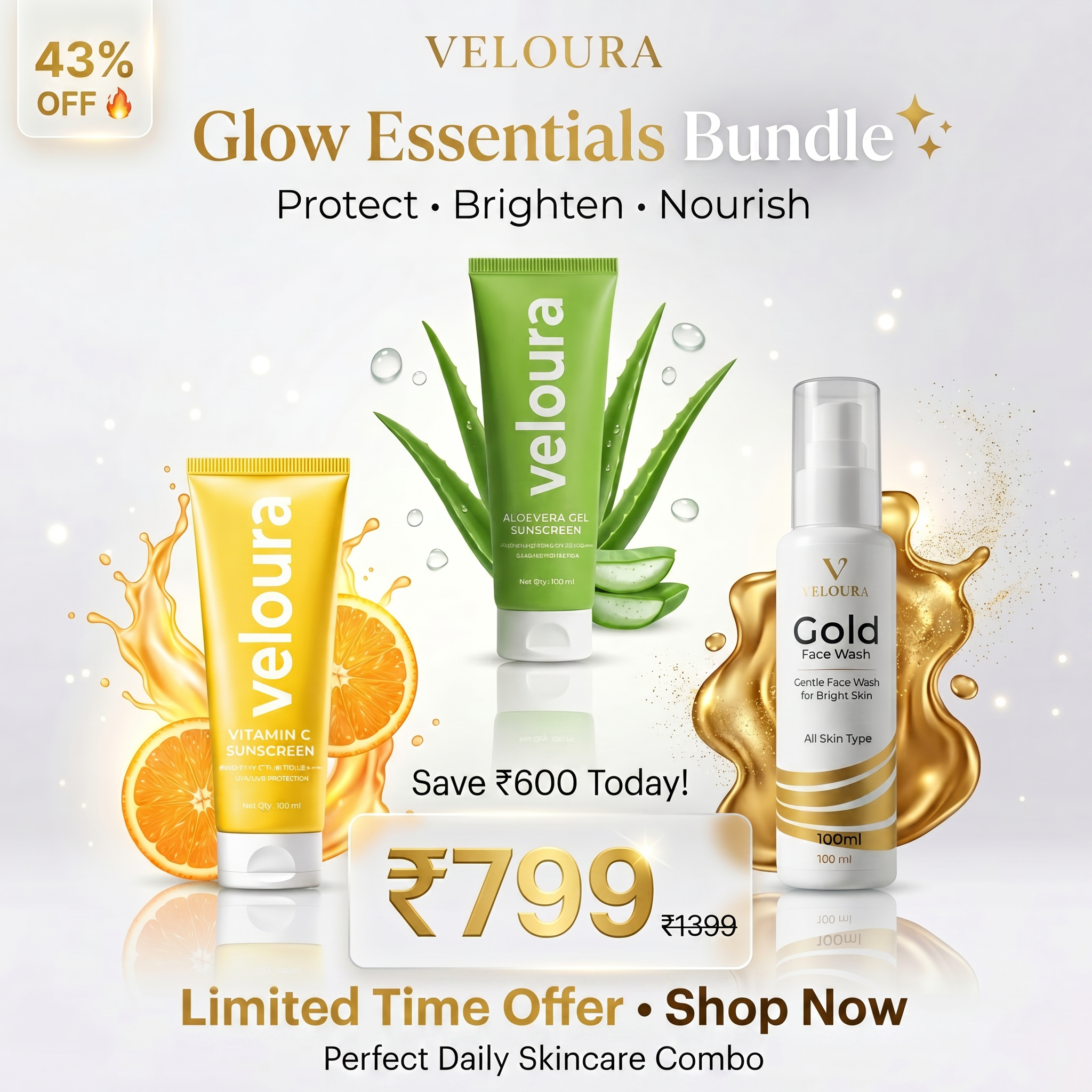 Veloura 3-in-1 Glow Essentials Pack with Aloe Vera sunscreen, Vitamin C sunscreen, and Gold facewash