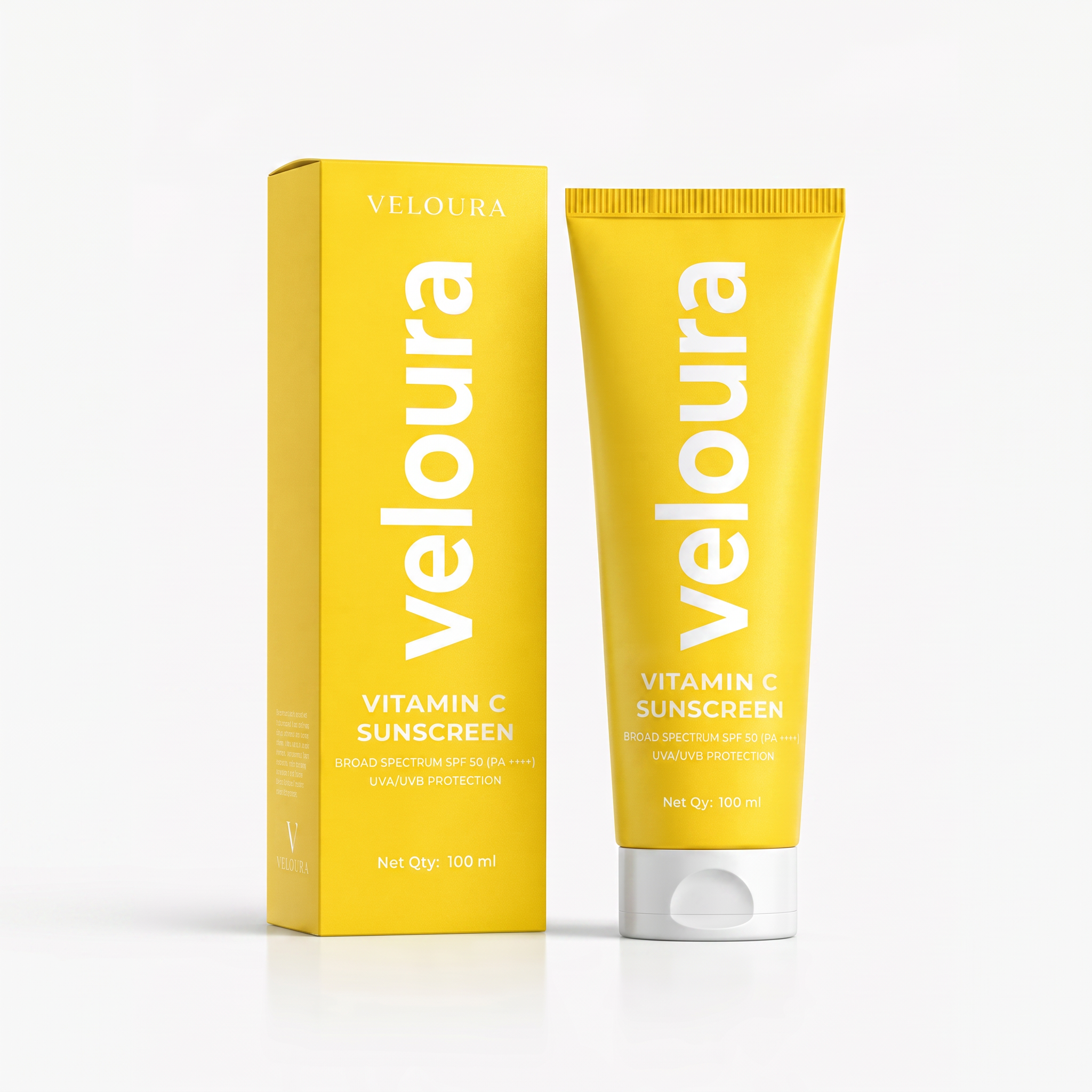 Veloura vitamin c sunscreen tube with SPF 50 broad spectrum protection
