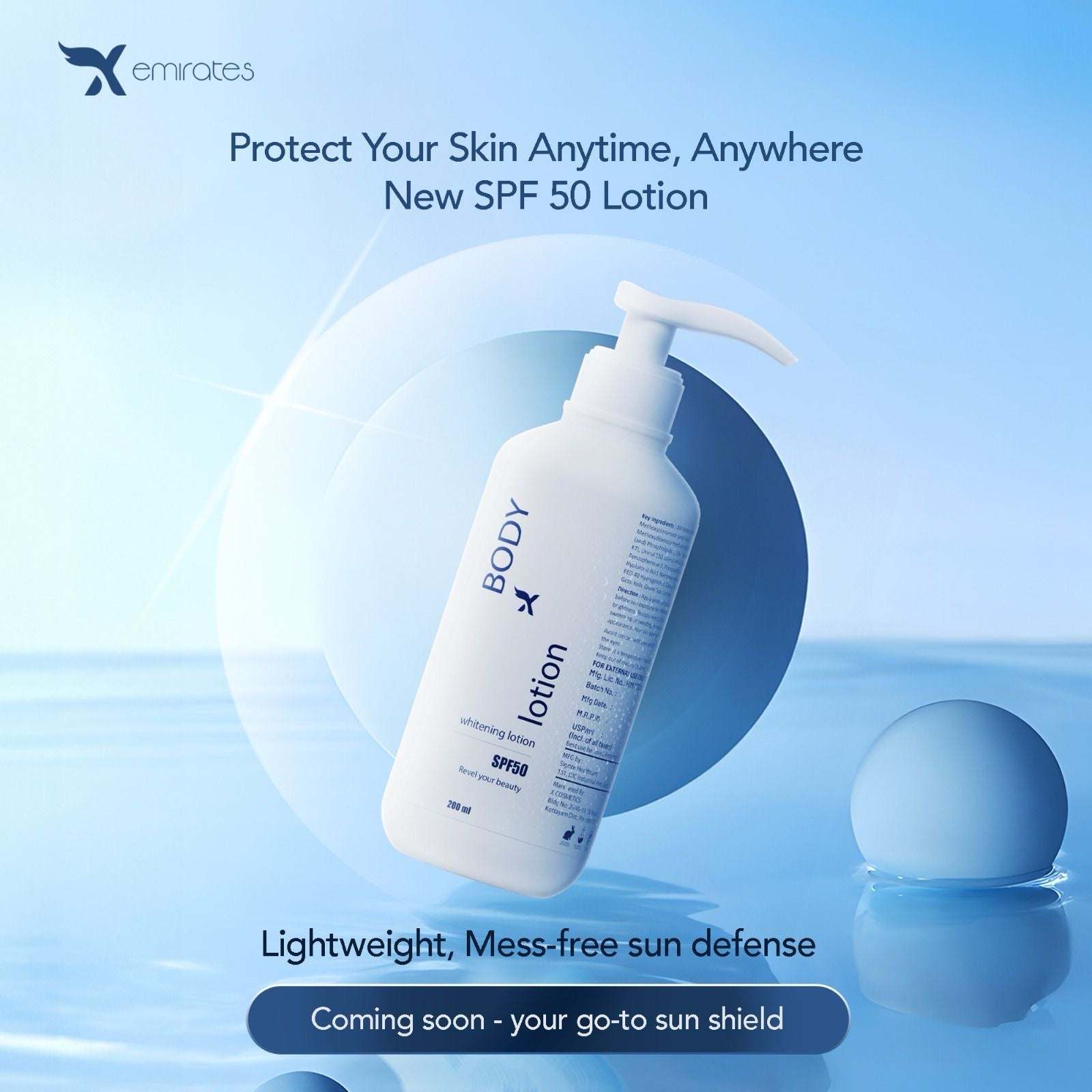 X Emirates Body Lotion 200ml bottle with SPF 50, lightweight whitening lotion for skin hydration and sun protection