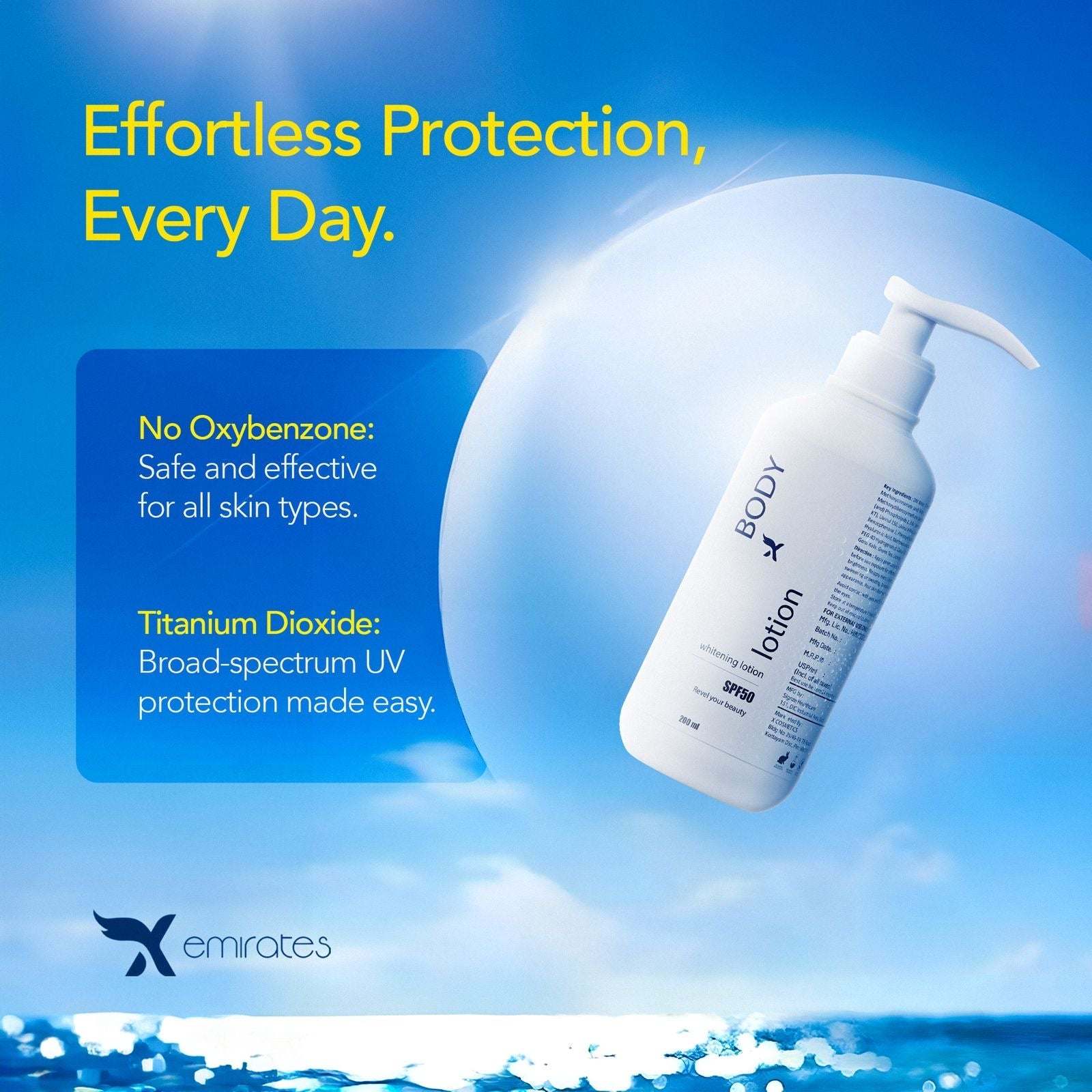 X Emirates Body Lotion 200ml bottle on blue sky background with UV protection and no oxybenzone text