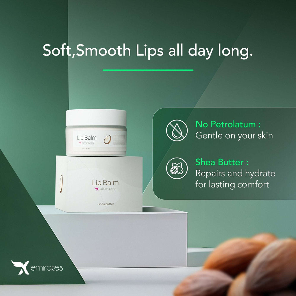 X Emirates Lip Balm jar and box with shea butter nut ingredients, moisturizing and hydrating lip care product