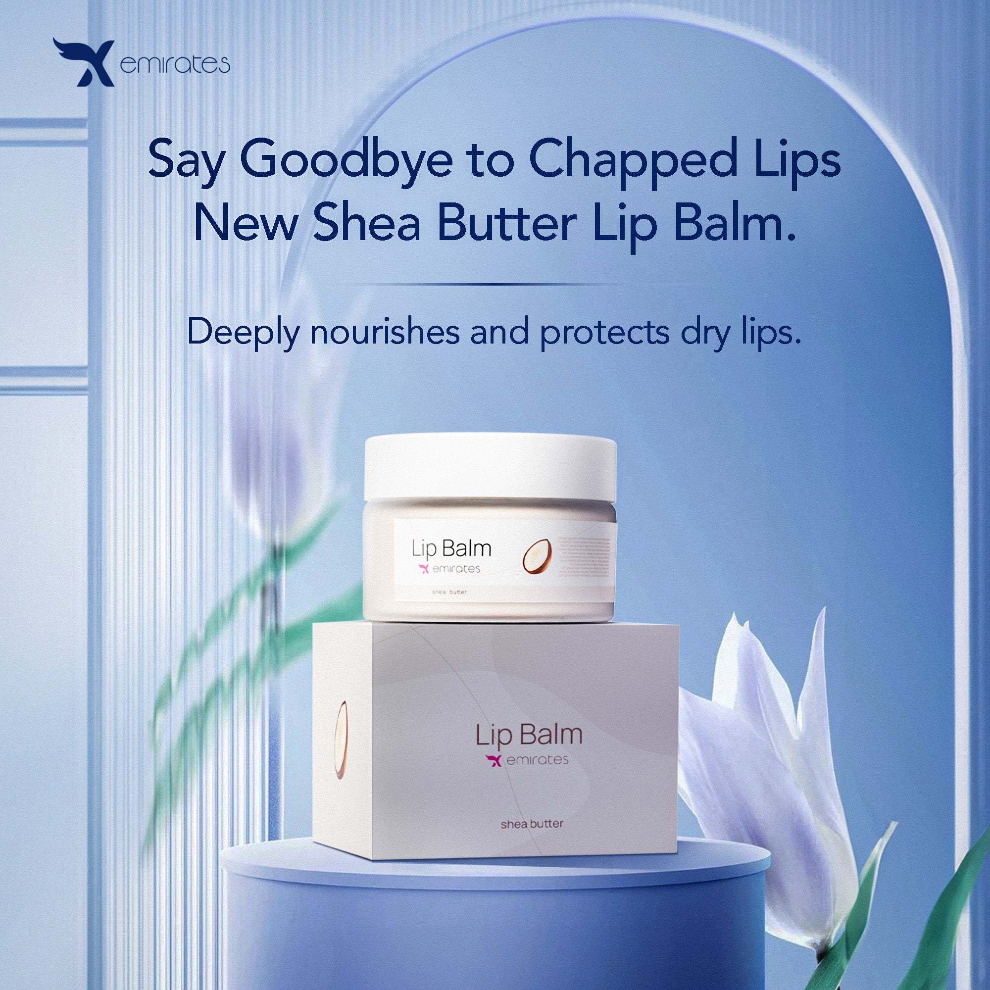 X Emirates Lip Balm with shea butter for deep hydration and protection against chapped lips