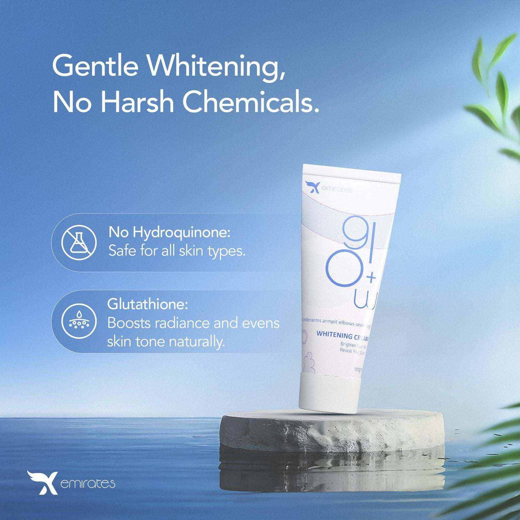 XEmirates Glow+ underarm and elbow whitening cream tube with brightening benefits
