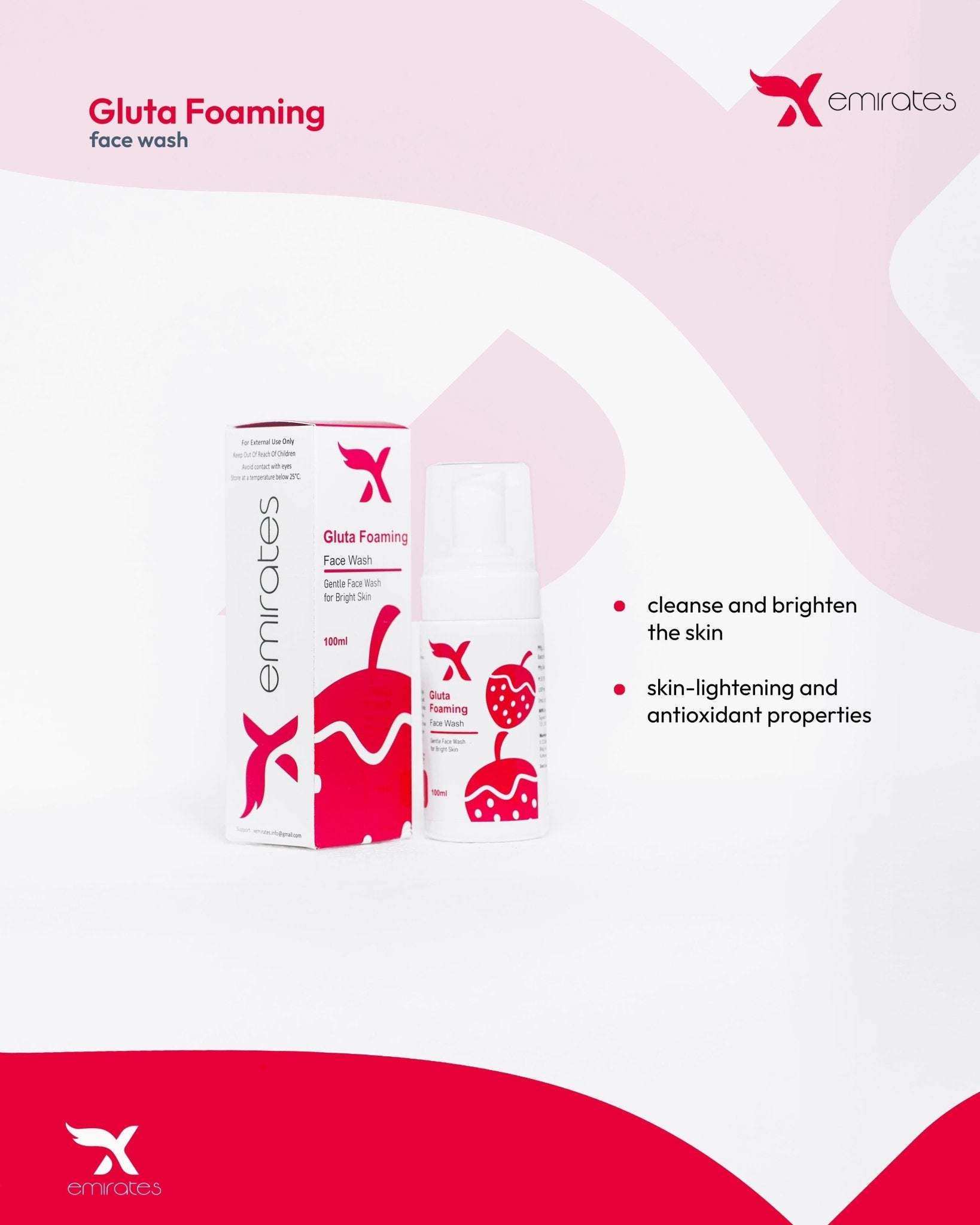 Xemirates Gluta Glow Foaming Face Wash with glutathione for brightening, deep cleansing, and antioxidant skin protection