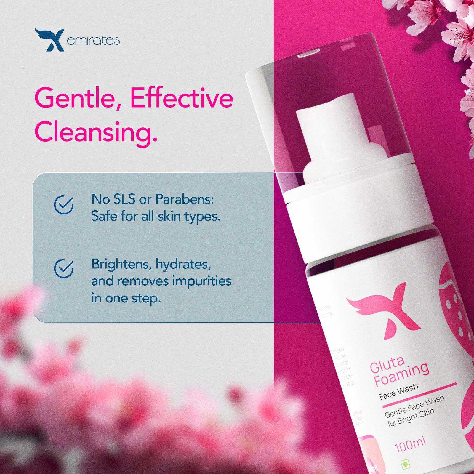 Xemirates Gluta Glow Foaming Face Wash bottle with gentle cleansing benefits and no SLS or parabens on pink background