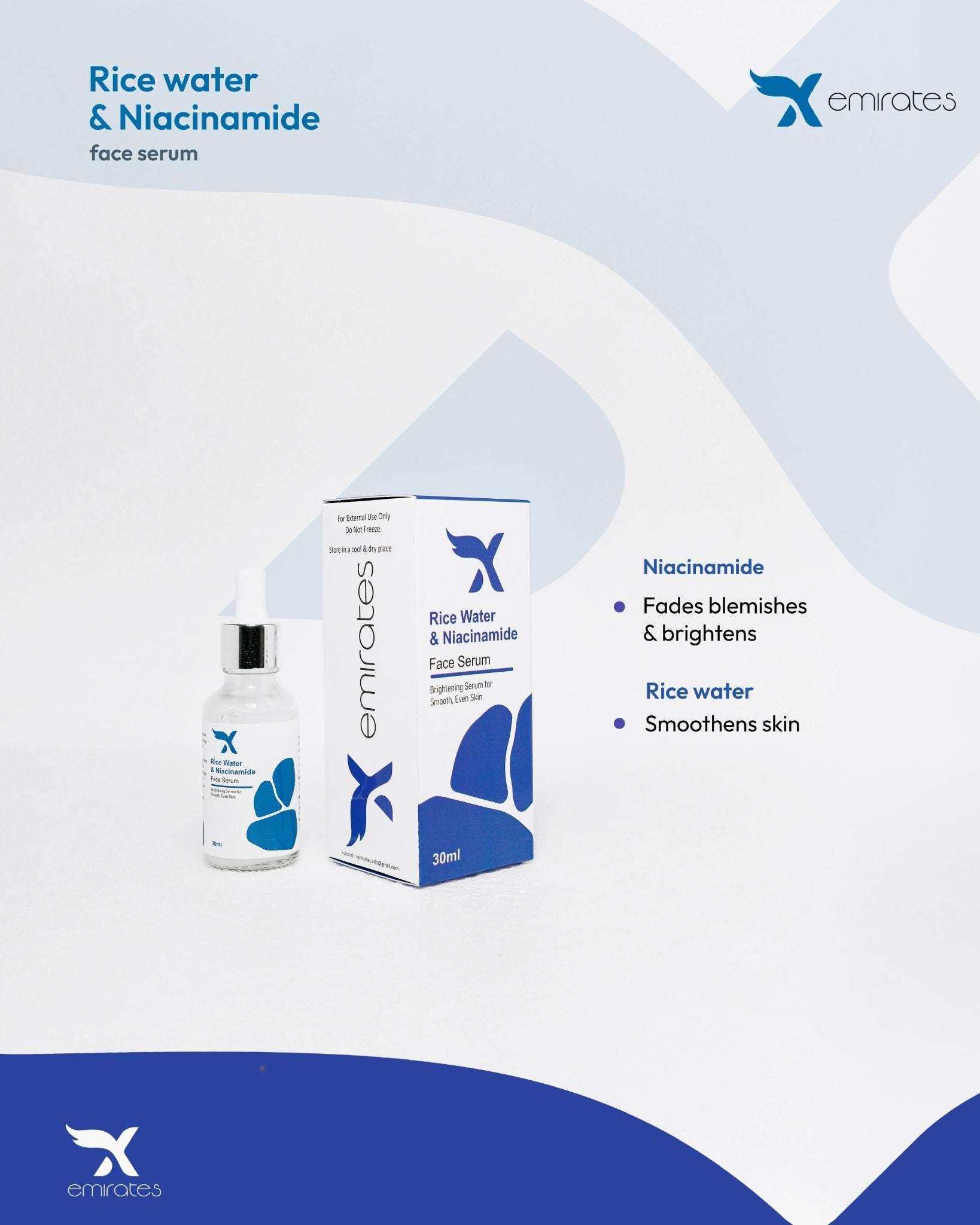 Xemirates Rice Water and Niacinamide face serum bottle and packaging for brightening and smoothing skin