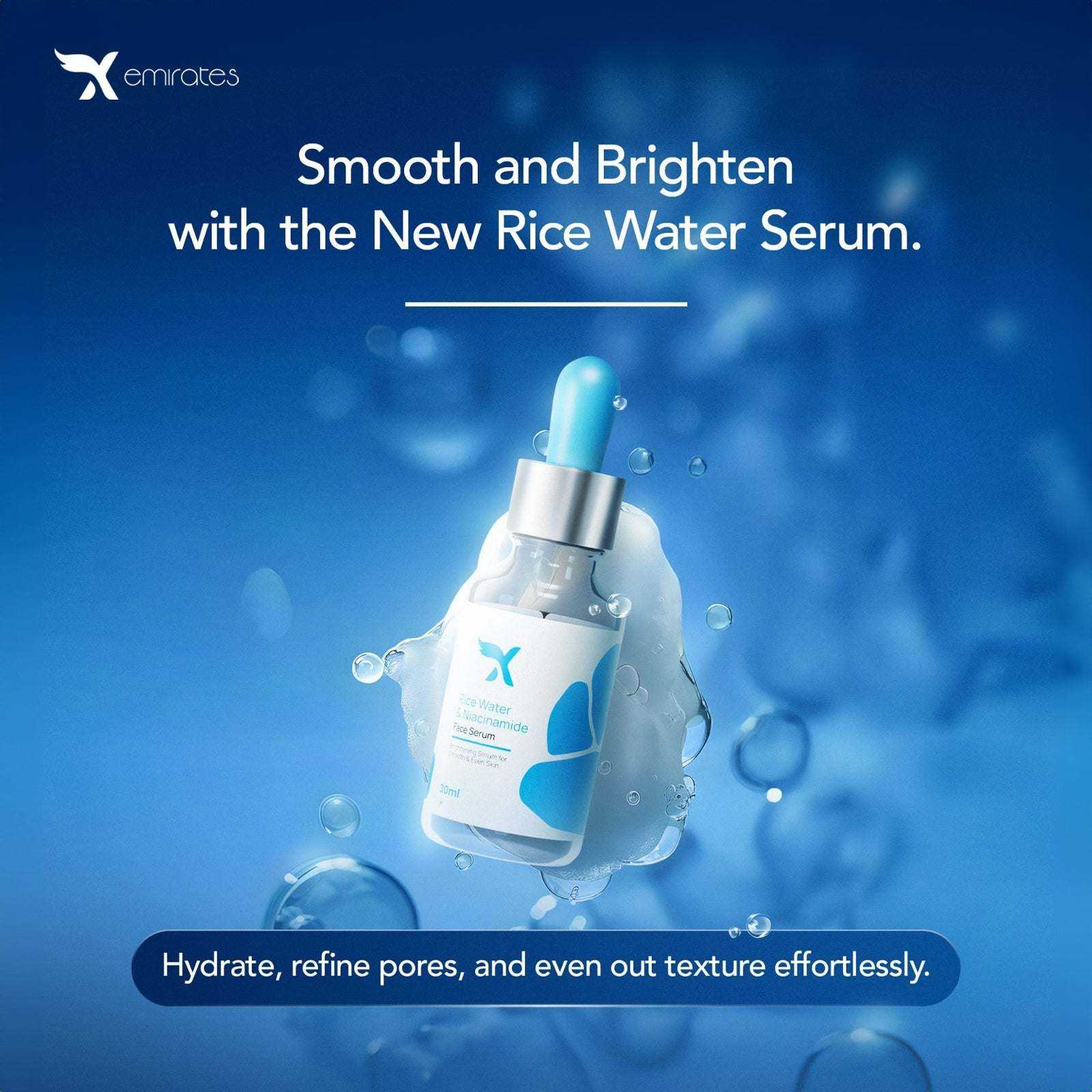 Xemirates Rice Water + Niacinamide Face Serum bottle on blue background highlighting hydration, pore refinement, and brightening benefits