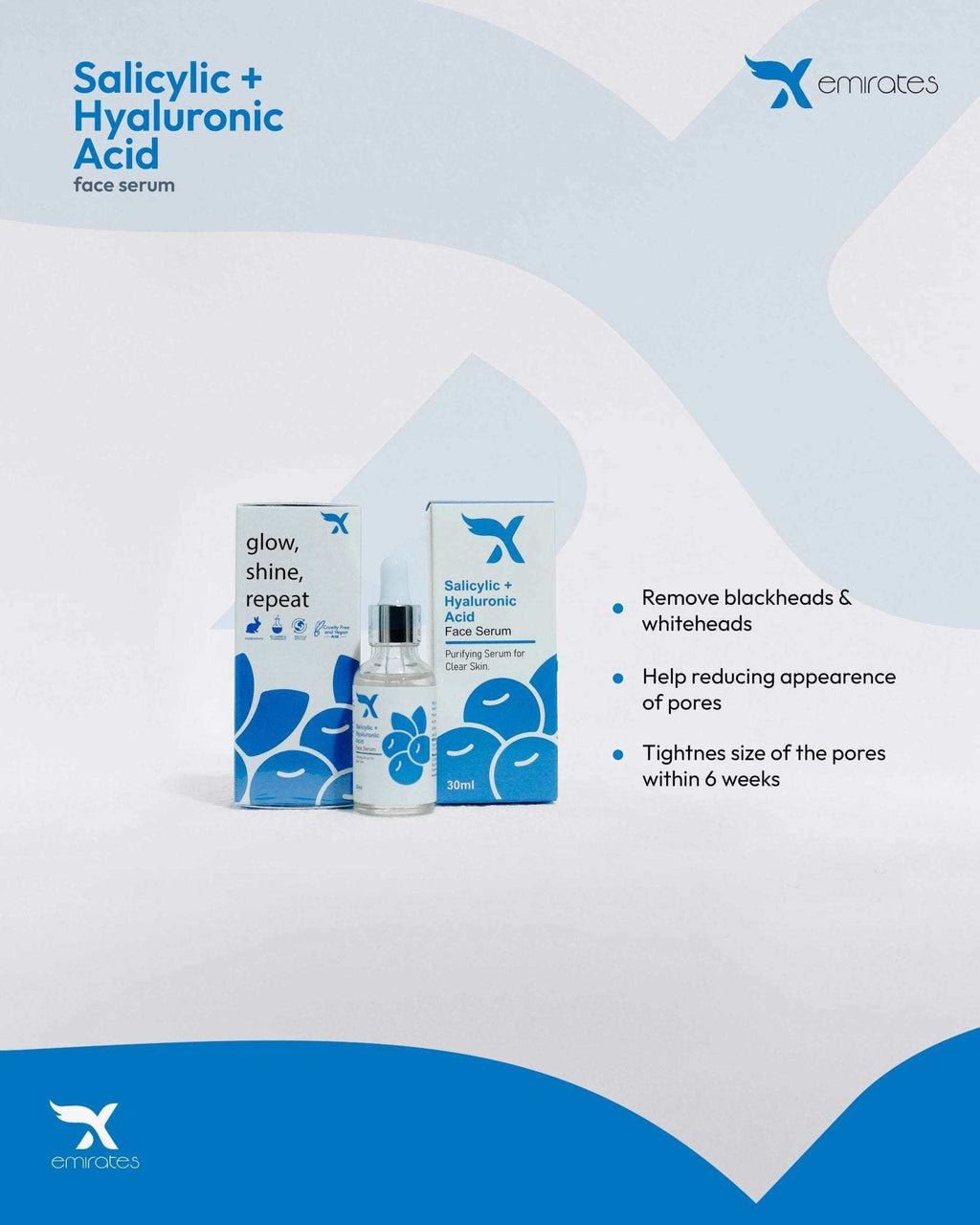 Xemirates Salicylic + Hyaluronic Acid face serum with clear blue packaging for acne and pore care