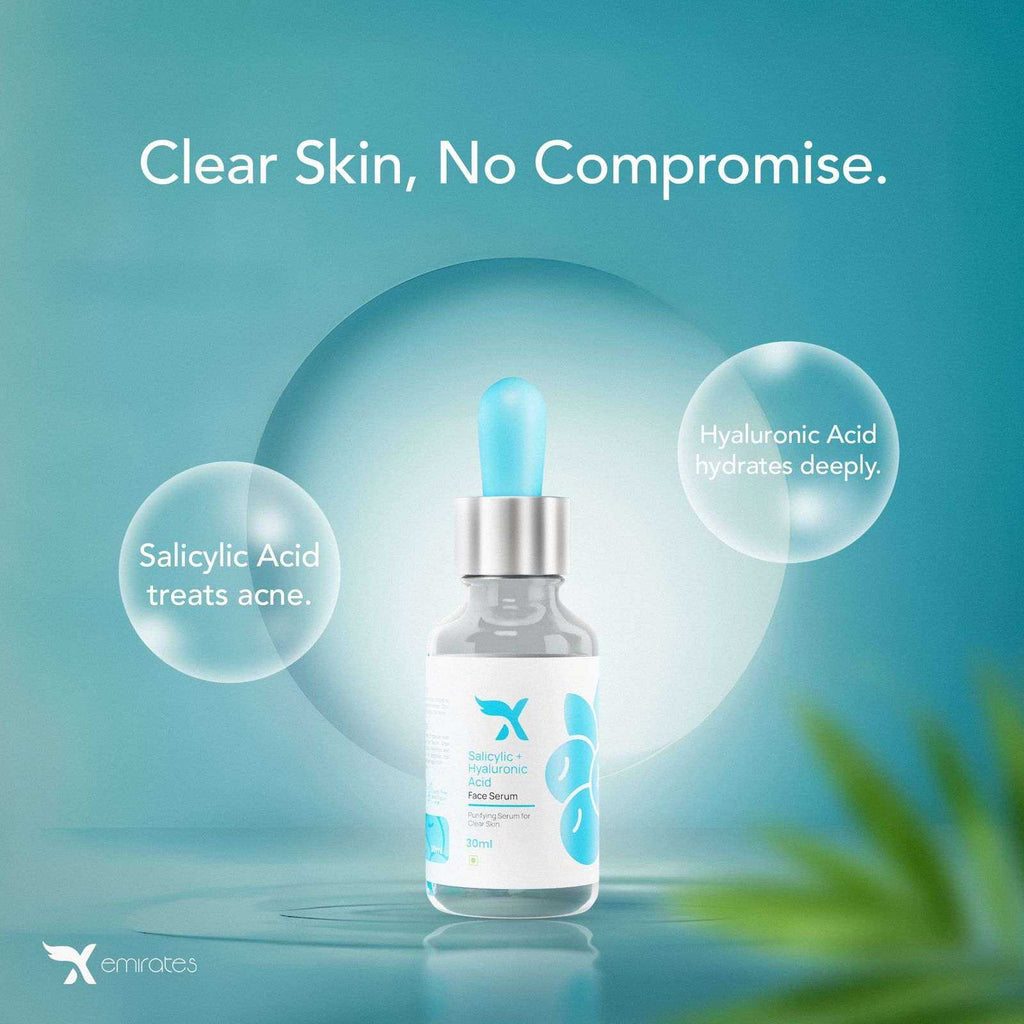Xemirates Salicylic+ Hyaluronic acid face serum bottle with benefits for acne treatment and deep hydration on blue background
