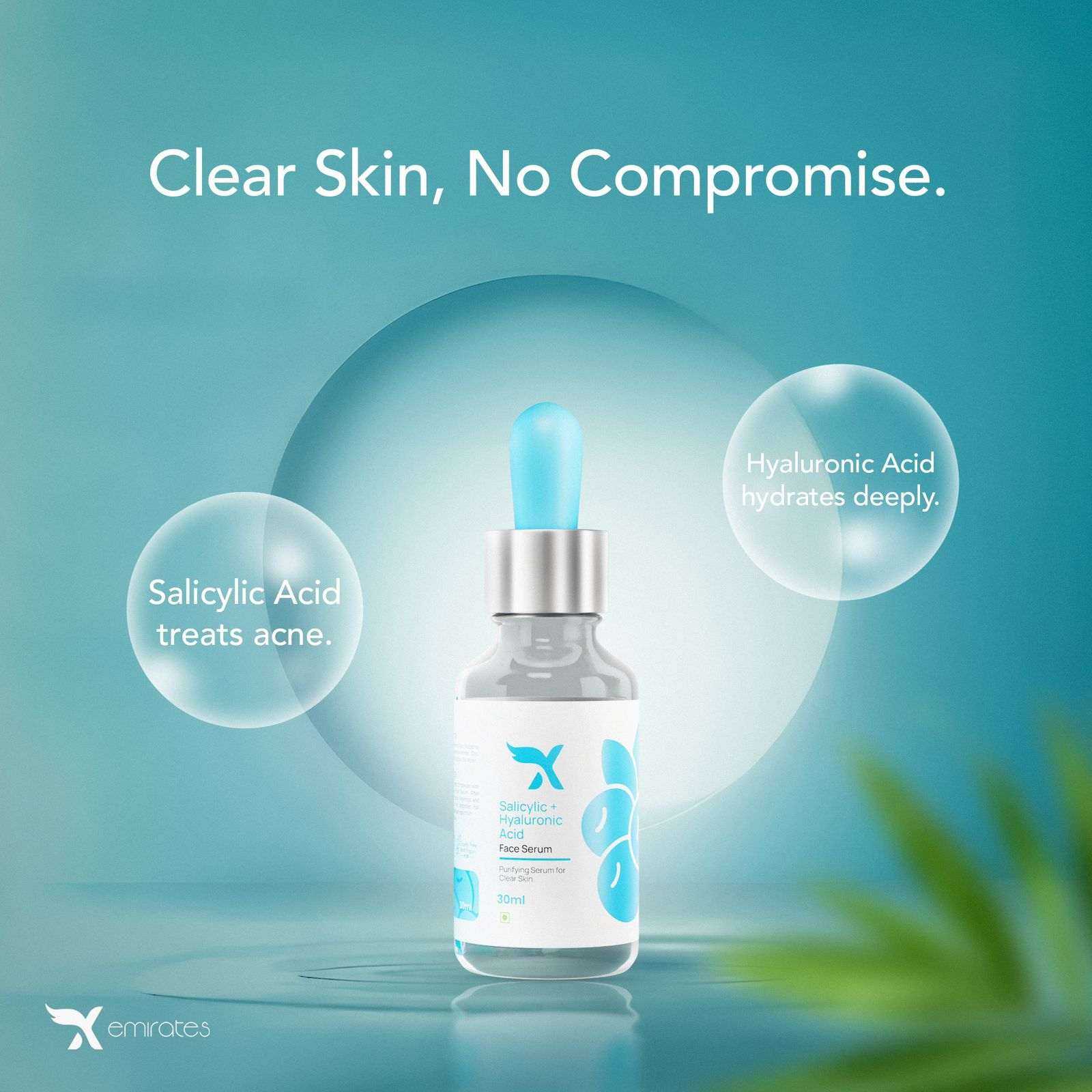 Xemirates Salicylic+ Hyaluronic acid face serum bottle with benefits for acne treatment and deep hydration on blue background