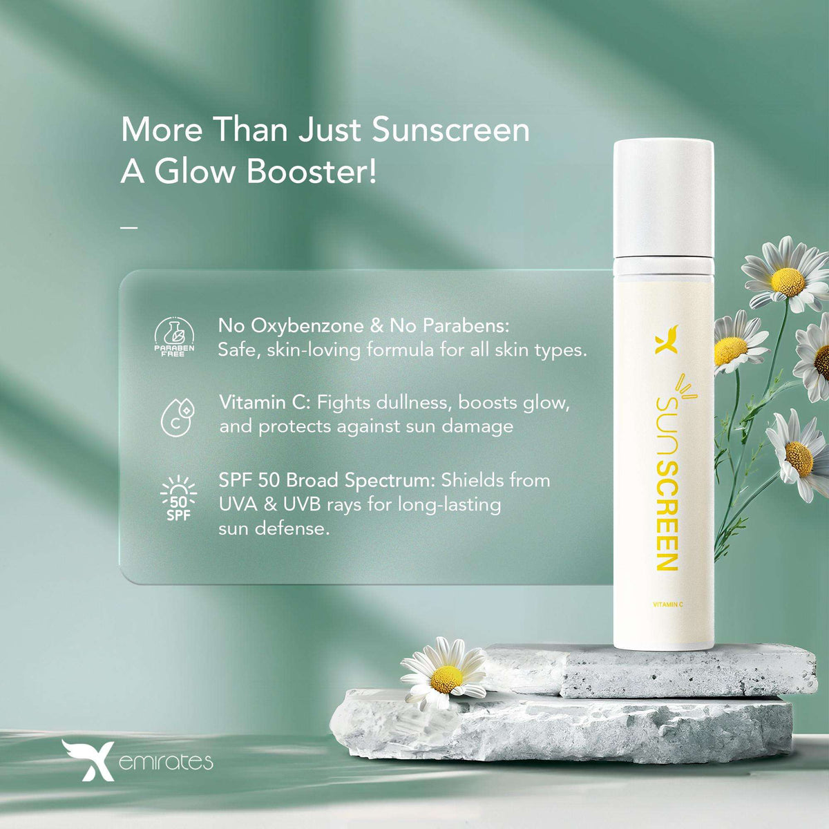 Xemirates Sunscreen + Moisturizer SPF 50 bottle with chamomile flowers, broad-spectrum sun protection, vitamin C glow booster, and no parabens on green background