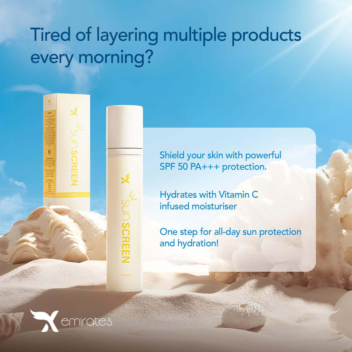 Xemirates Sunscreen + Moisturizer SPF 50 tube with hydrating and sun protection features