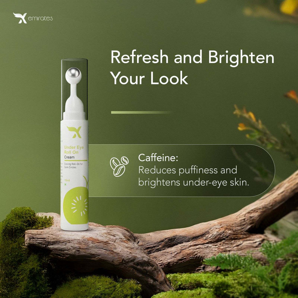 Xemirates Under-Eye Roller Serum with caffeine reduces puffiness and brightens skin for refreshed eyes