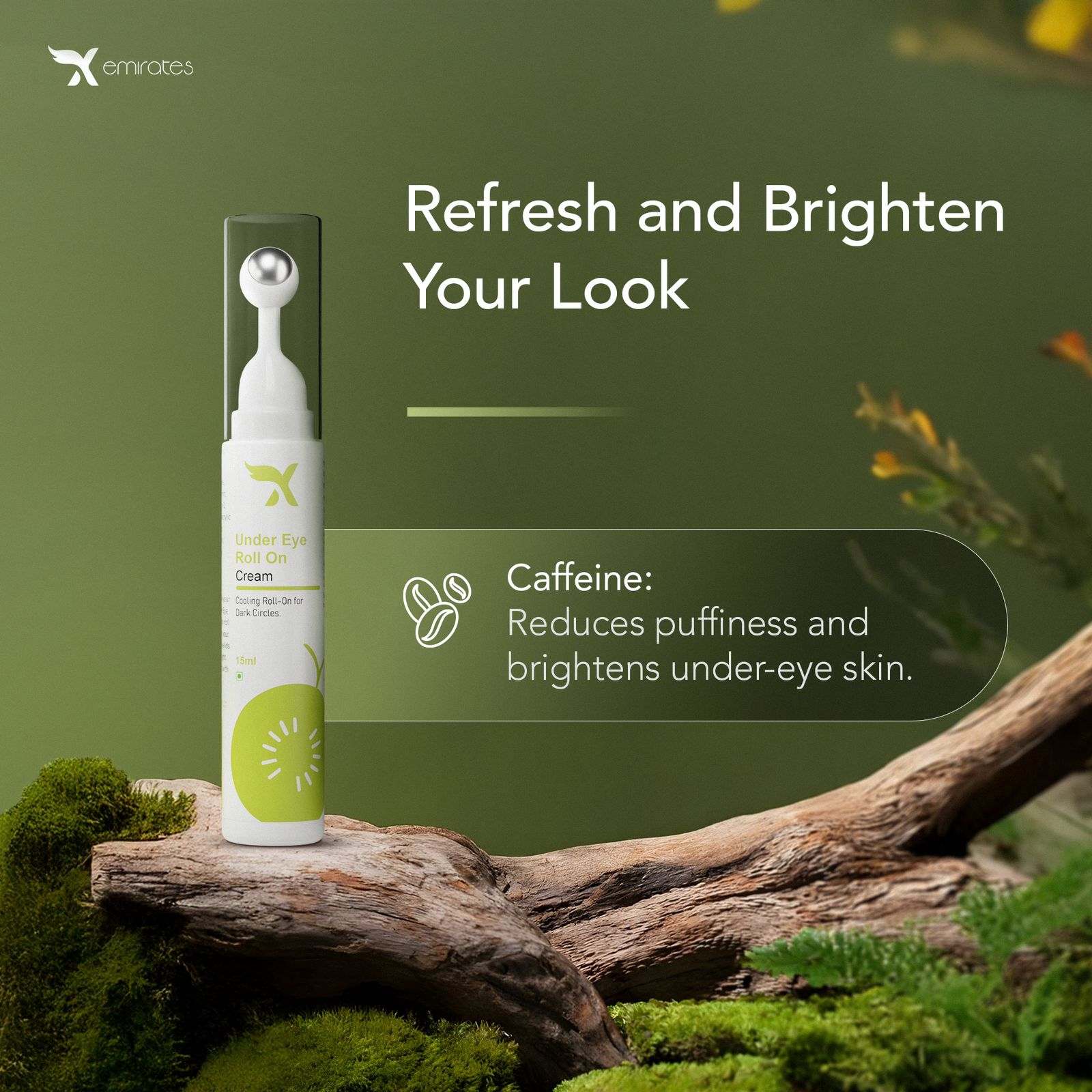 Xemirates Under-Eye Roller Serum with caffeine reduces puffiness and brightens skin for refreshed eyes