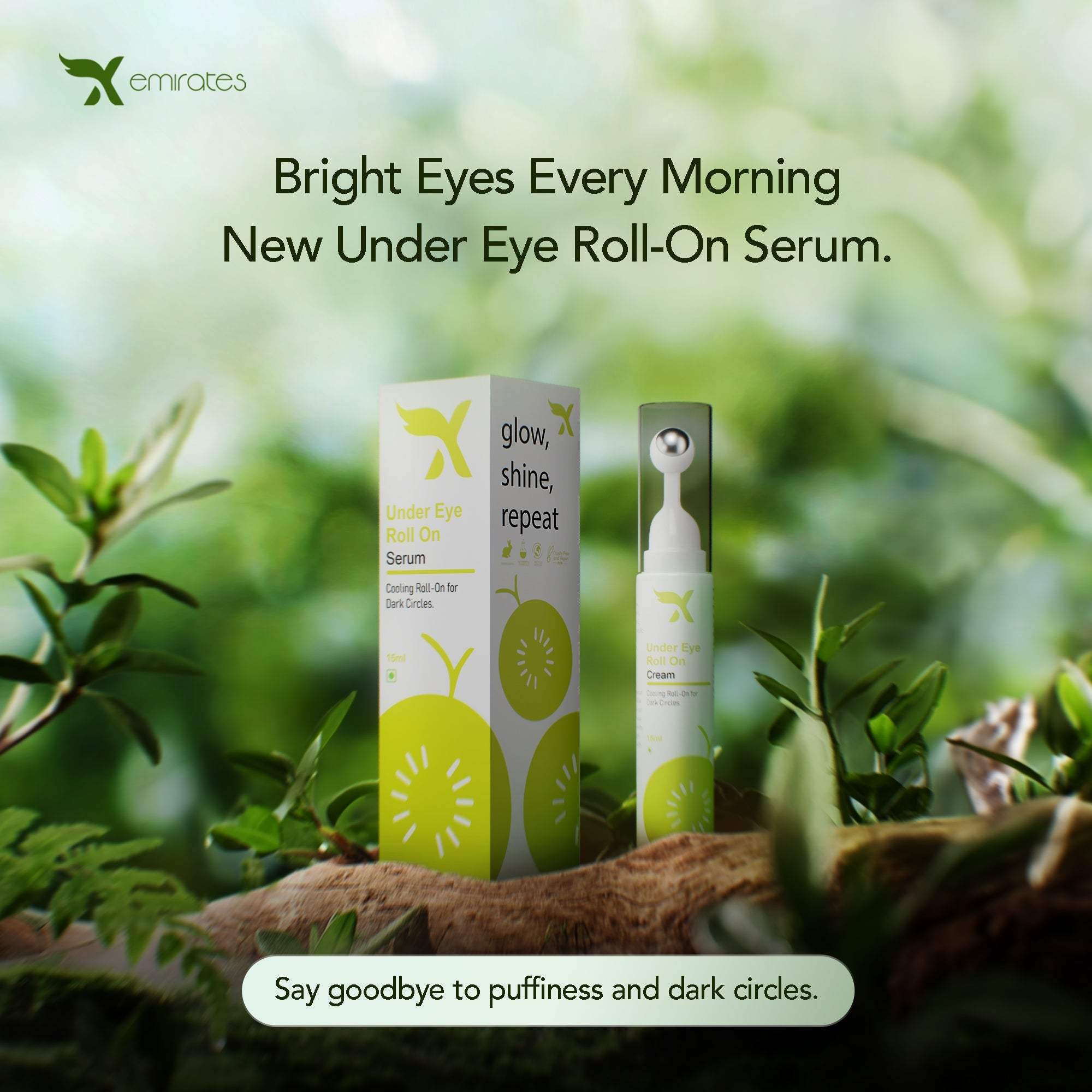 Xemirates Under-Eye Roller Serum packaging and applicator for reducing puffiness and dark circles