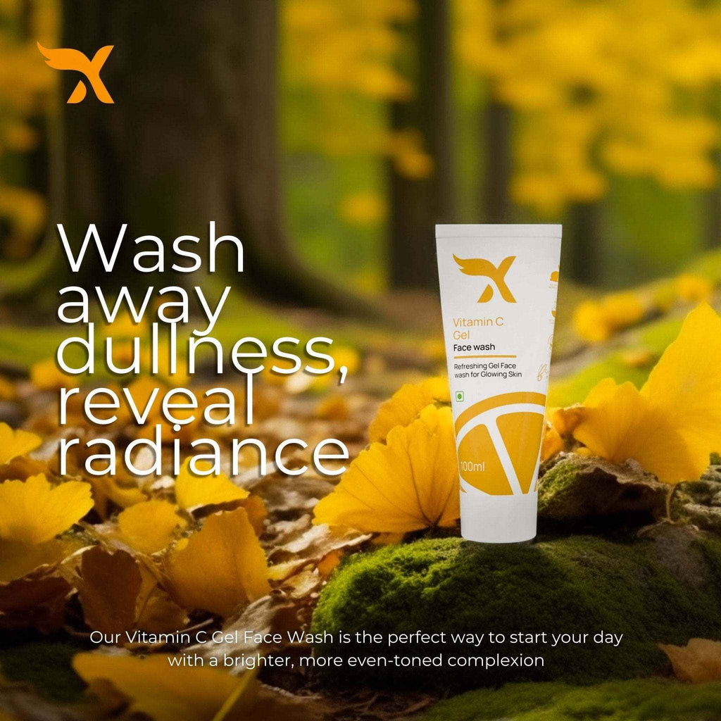 Xemirates Vitamin C Gel Face Wash in a white tube with orange accents and gold logo, featuring a gel cleanser label
