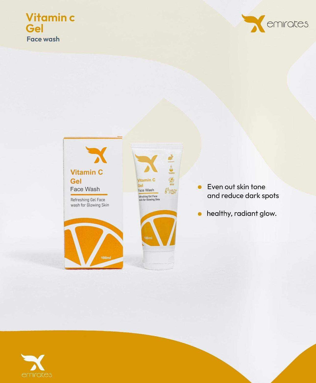 Xemirates Vitamin C Gel Face Wash in a white tube and matching box, with orange branding and geometric accents