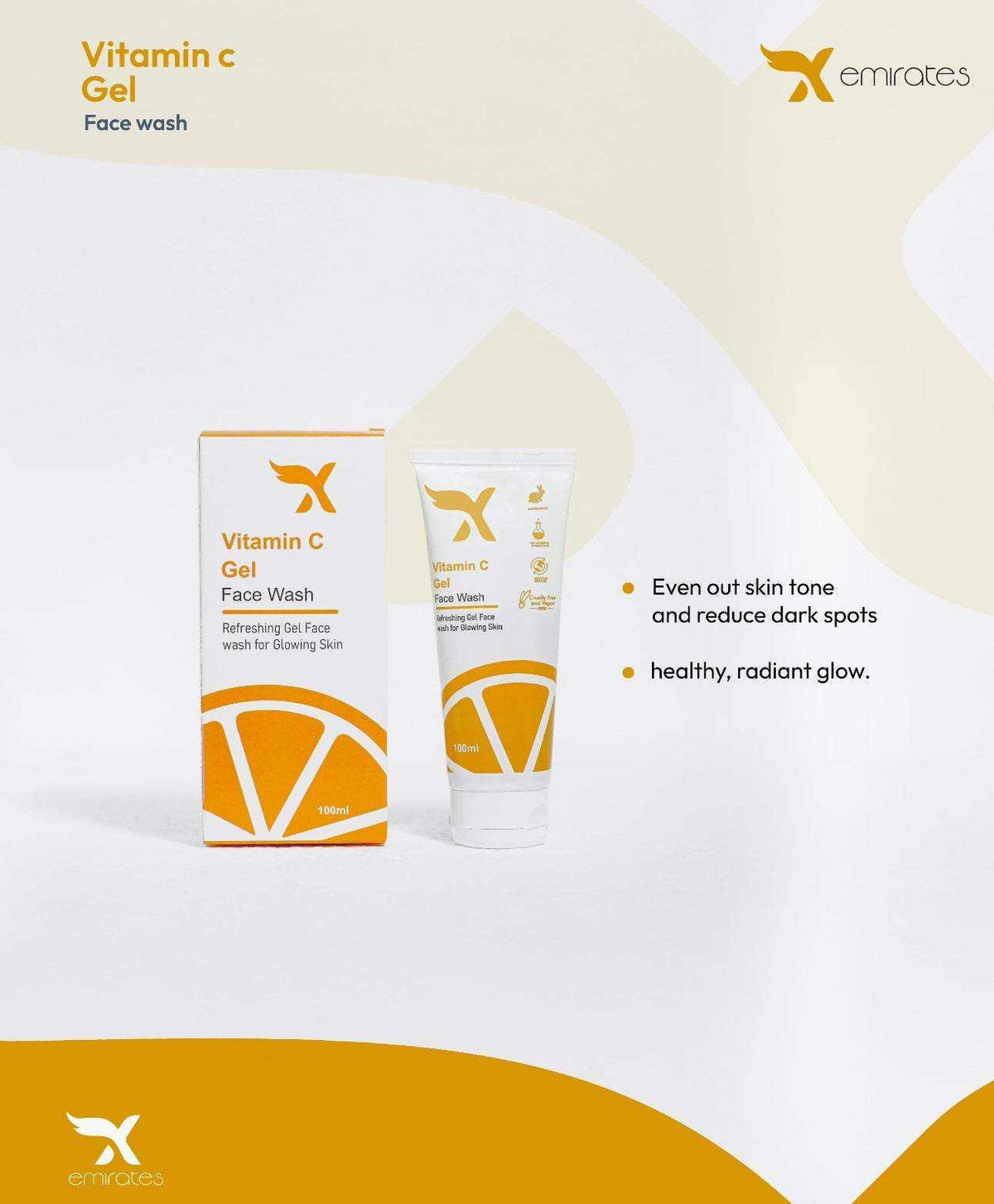Xemirates Vitamin C Gel Face Wash in a white tube and matching box, with orange branding and geometric accents