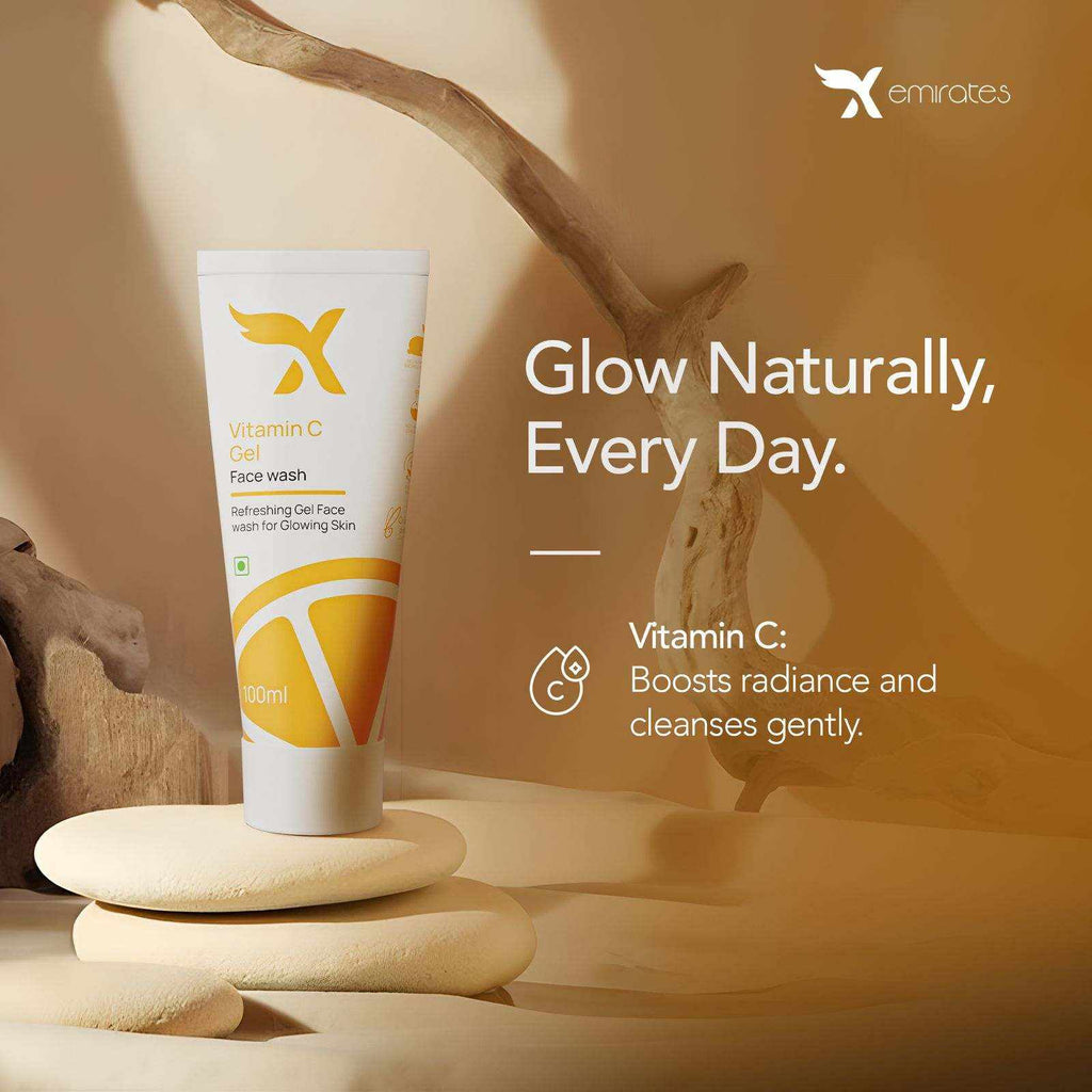 Xemirates Vitamin C Gel Face Wash in a white tube with yellow-orange graphics and 100 ml label