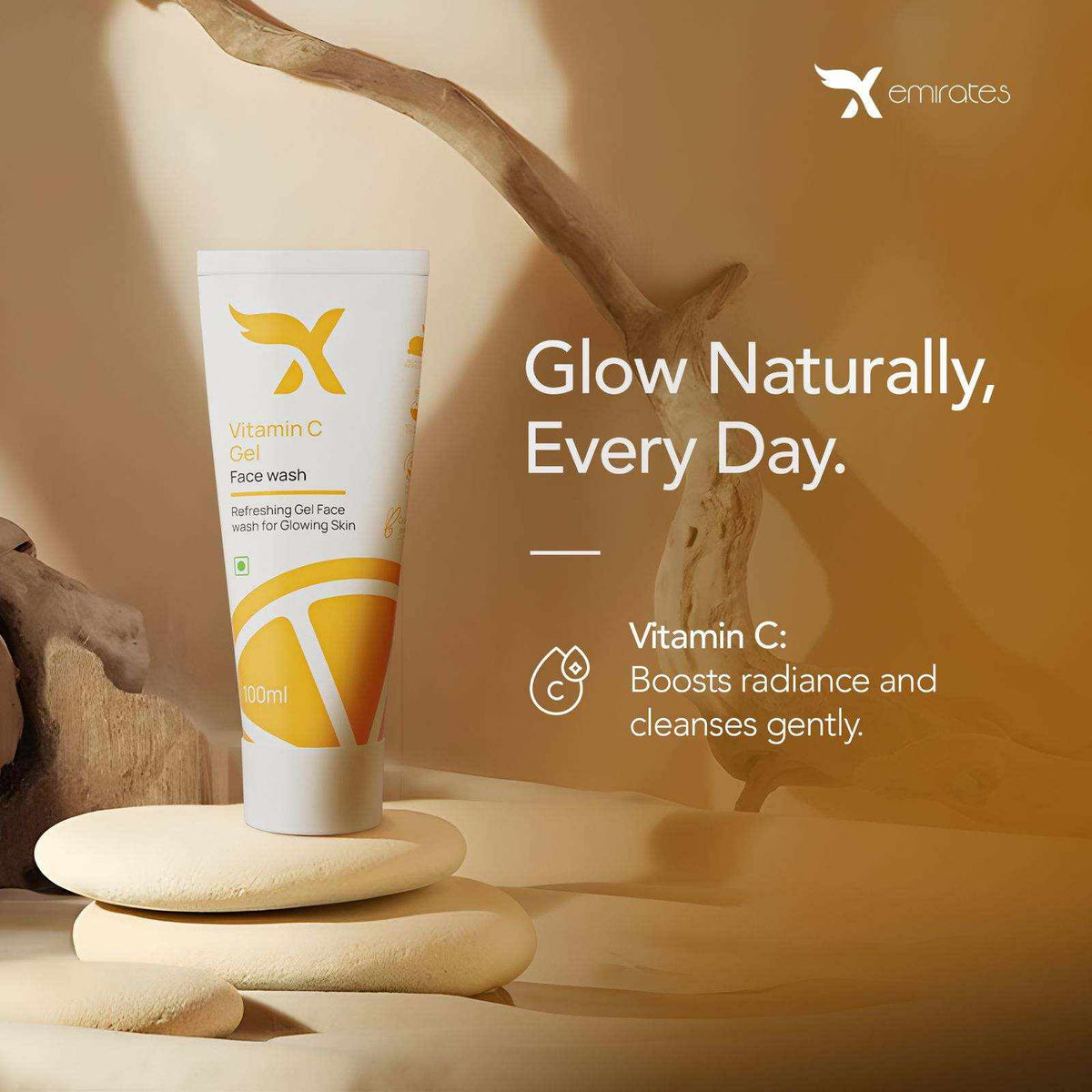 Xemirates Vitamin C Gel Face Wash in a white tube with yellow-orange graphics and 100 ml label