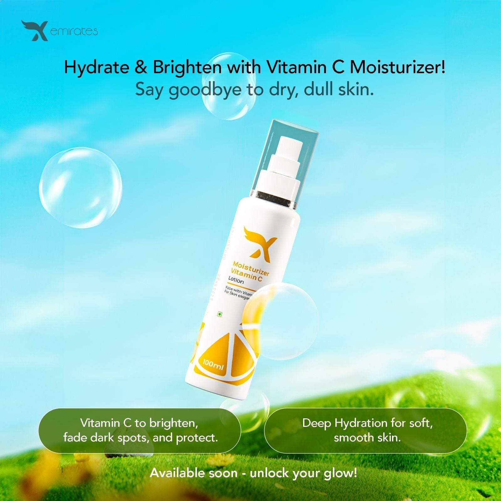 Xemirates Vitamin C Moisturizer bottle with bright sky background and hydration benefits text