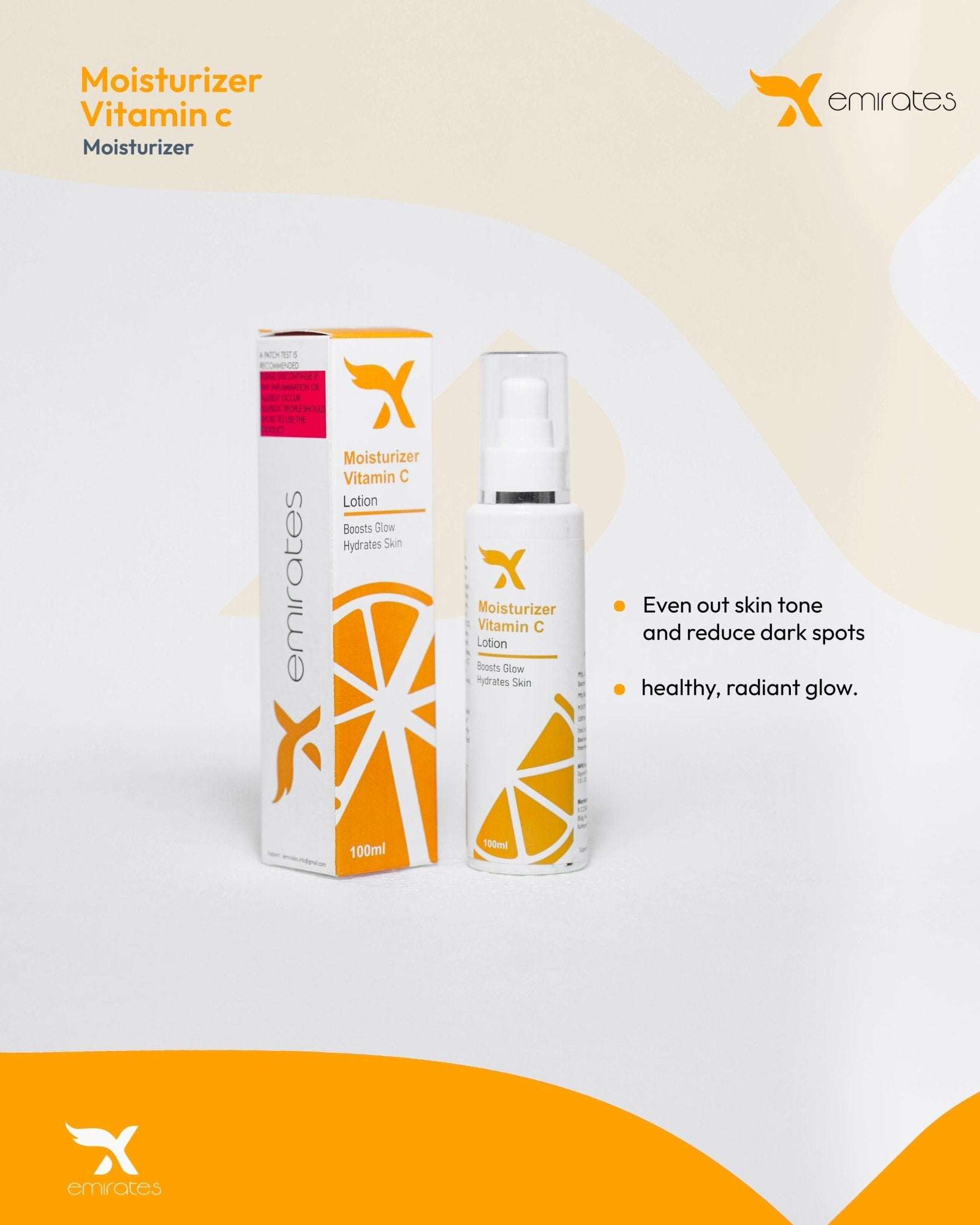 Xemirates Vitamin C Radiance Moisturizer bottle and packaging with orange slice design for brightening and hydration