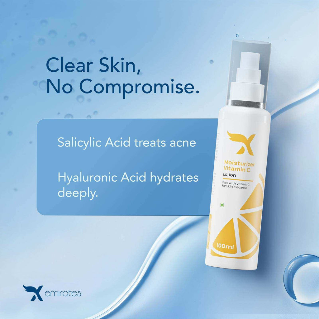 Xemirates Vitamin C Moisturizer bottle with graphic highlighting salicylic acid for acne and hyaluronic acid for deep hydration on blue background