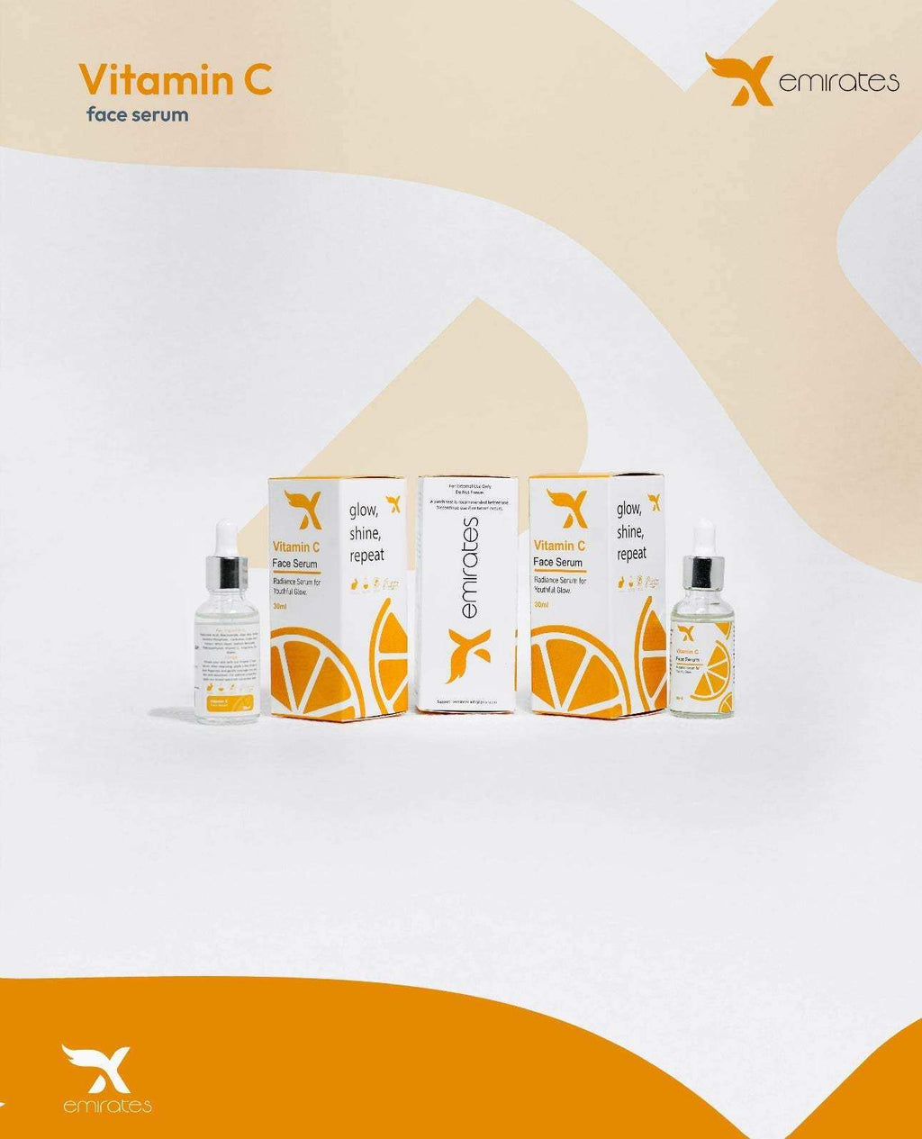 Xemirates Vitamin C Serum bottles and packaging designed for brightening and hydrating skin with a citrus-themed background.