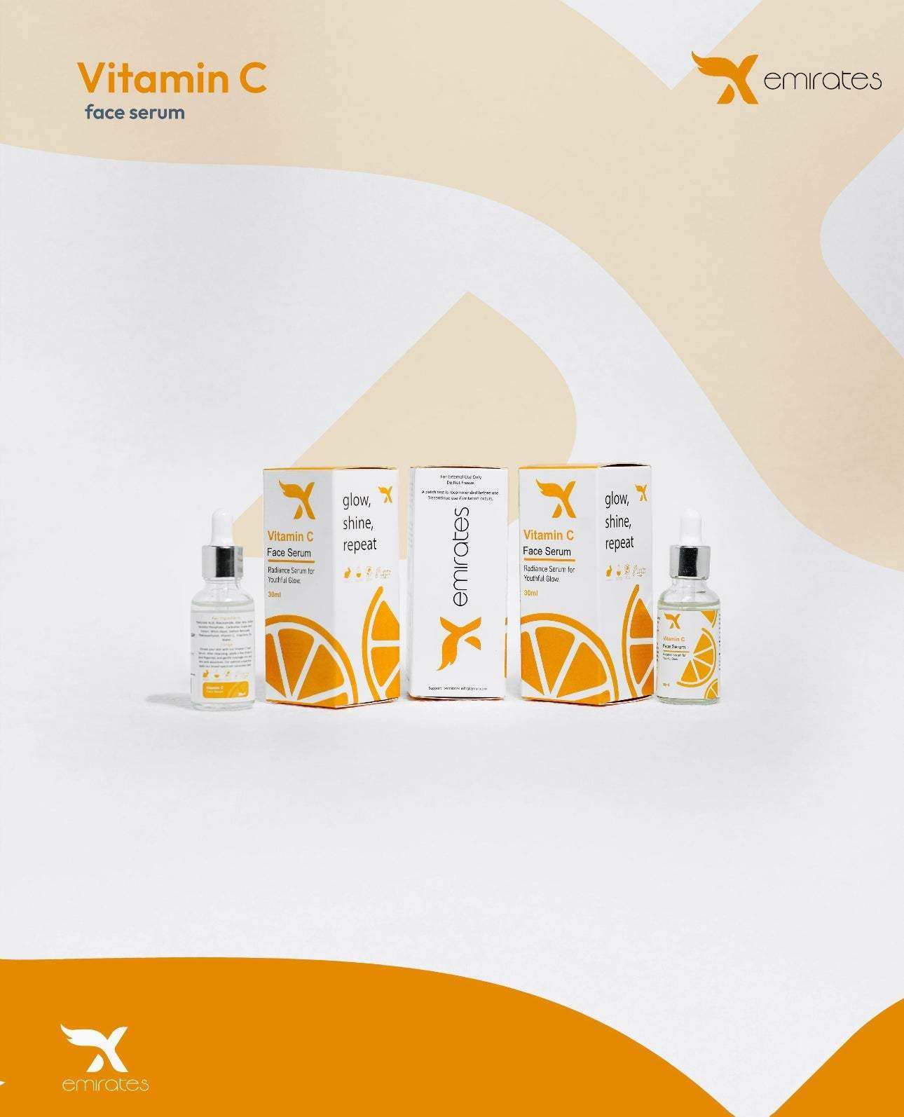 Xemirates Vitamin C Serum bottles and packaging designed for brightening and hydrating skin with a citrus-themed background.